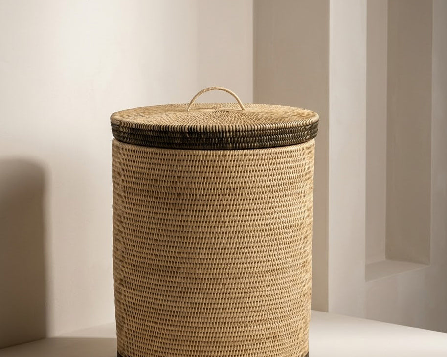 Handwoven rattan laundry basket with lid. Dark olive detailing | Anboise