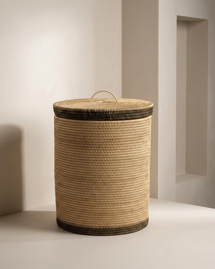 Handwoven rattan laundry basket with lid. Dark olive detailing | Anboise