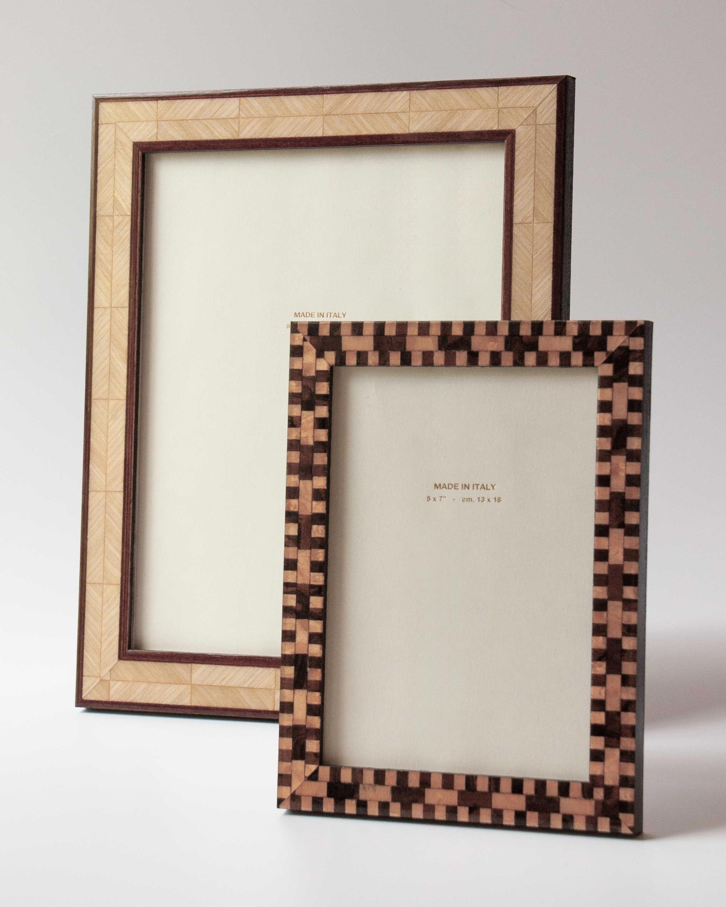 Luxury lacquered dual tone oak herringbone marquetry photo frame is handmade for Anboise 8x10
