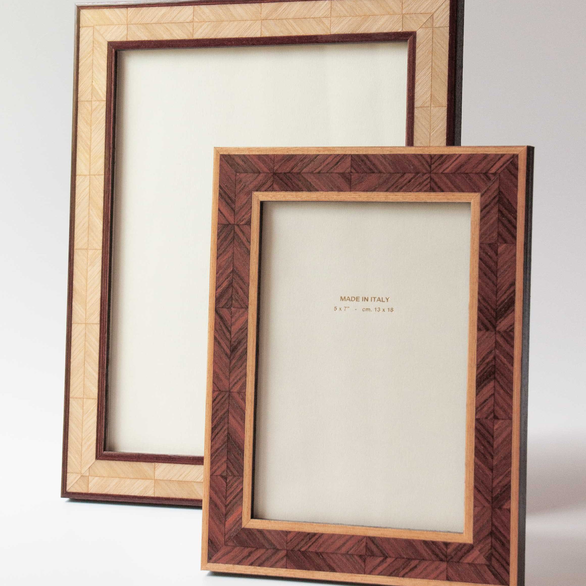Lacquered walnut herringbone marquetry, this luxury photo frame is handmade for Anboise in Italy