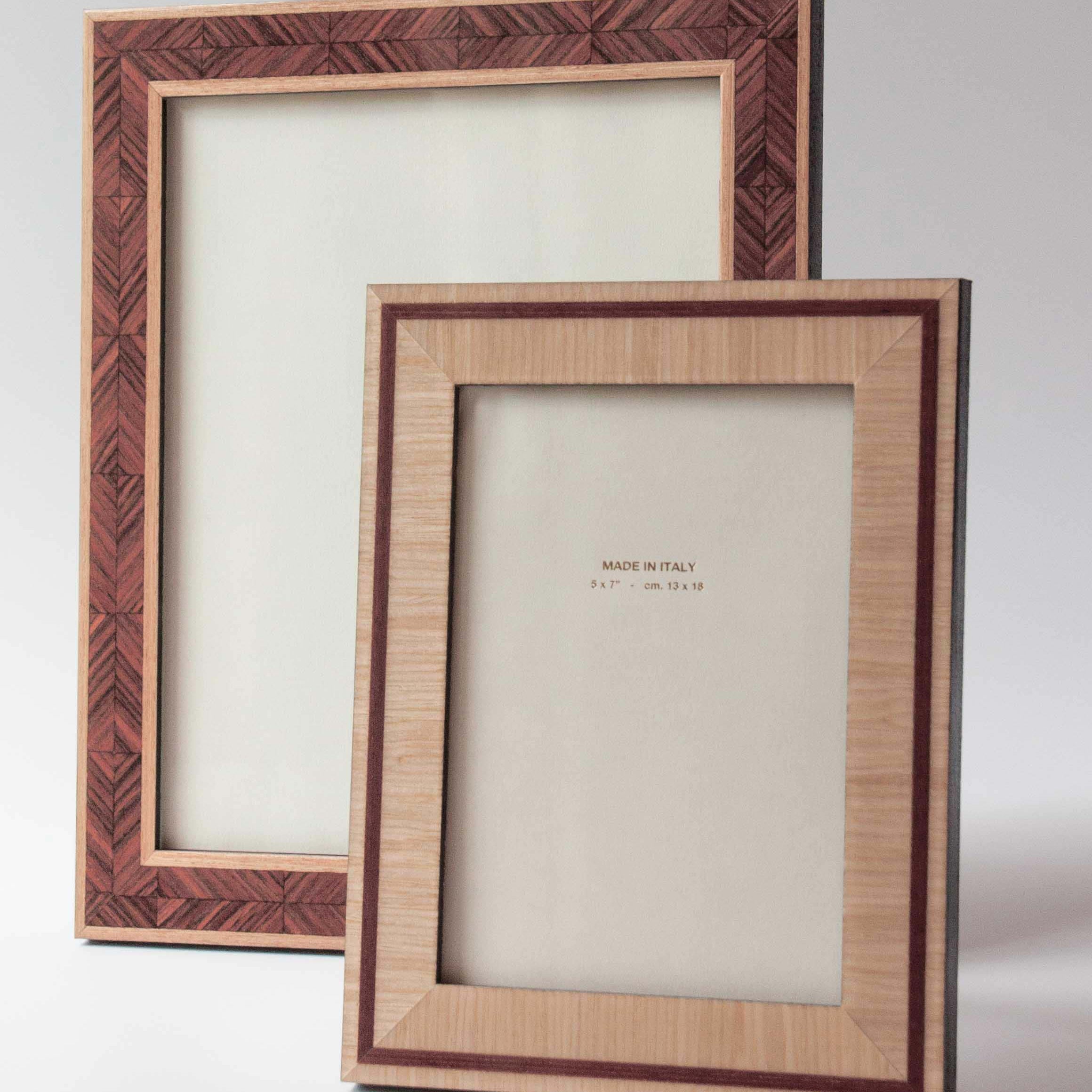 Luxury lacquered walnut herringbone marquetry, this photo frame is handmade for Anboise in Italy