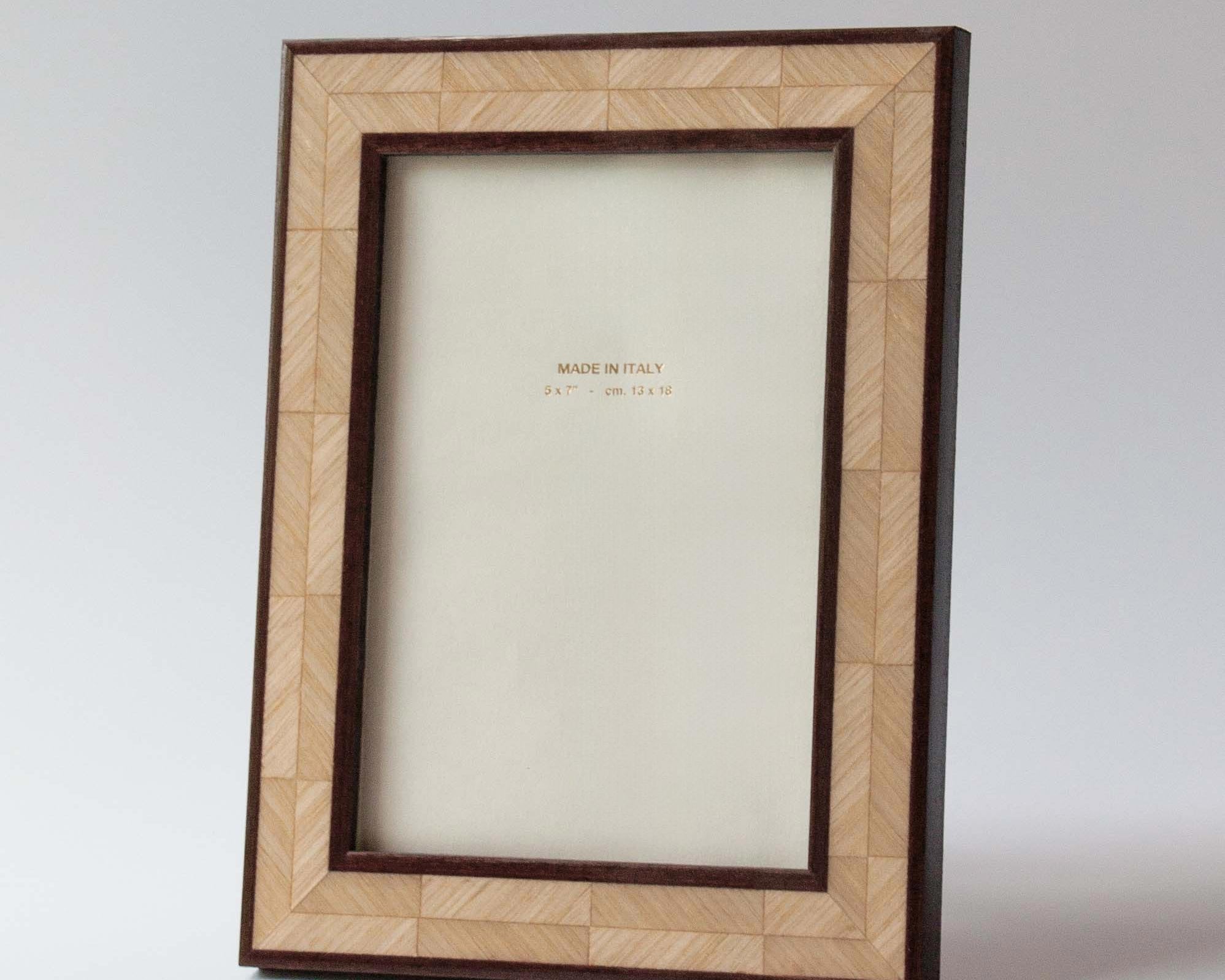 Luxury lacquered dual tone oak herringbone marquetry photo frame is handmade for Anboise 5x7