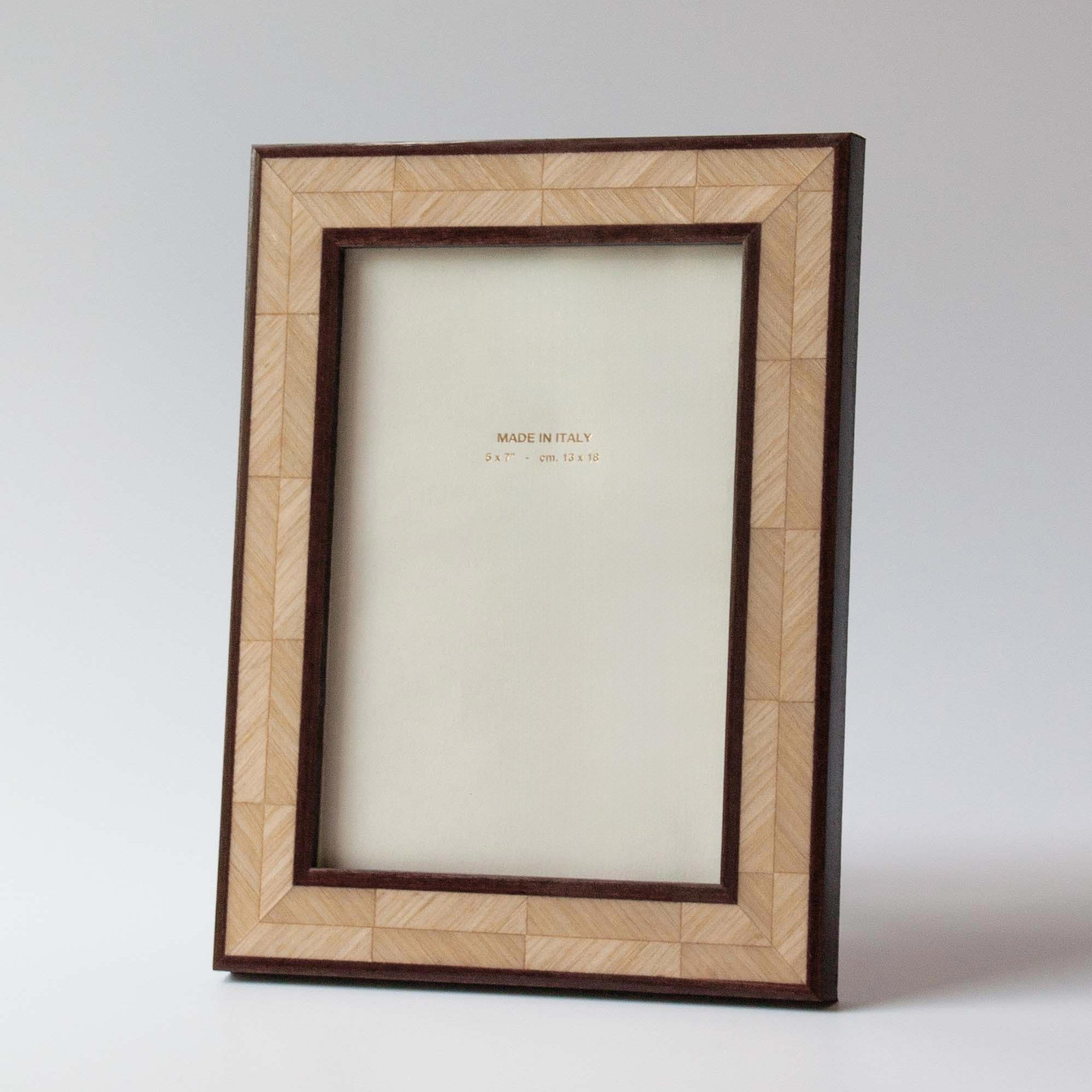 Luxury lacquered dual tone oak herringbone marquetry photo frame is handmade for Anboise 5x7