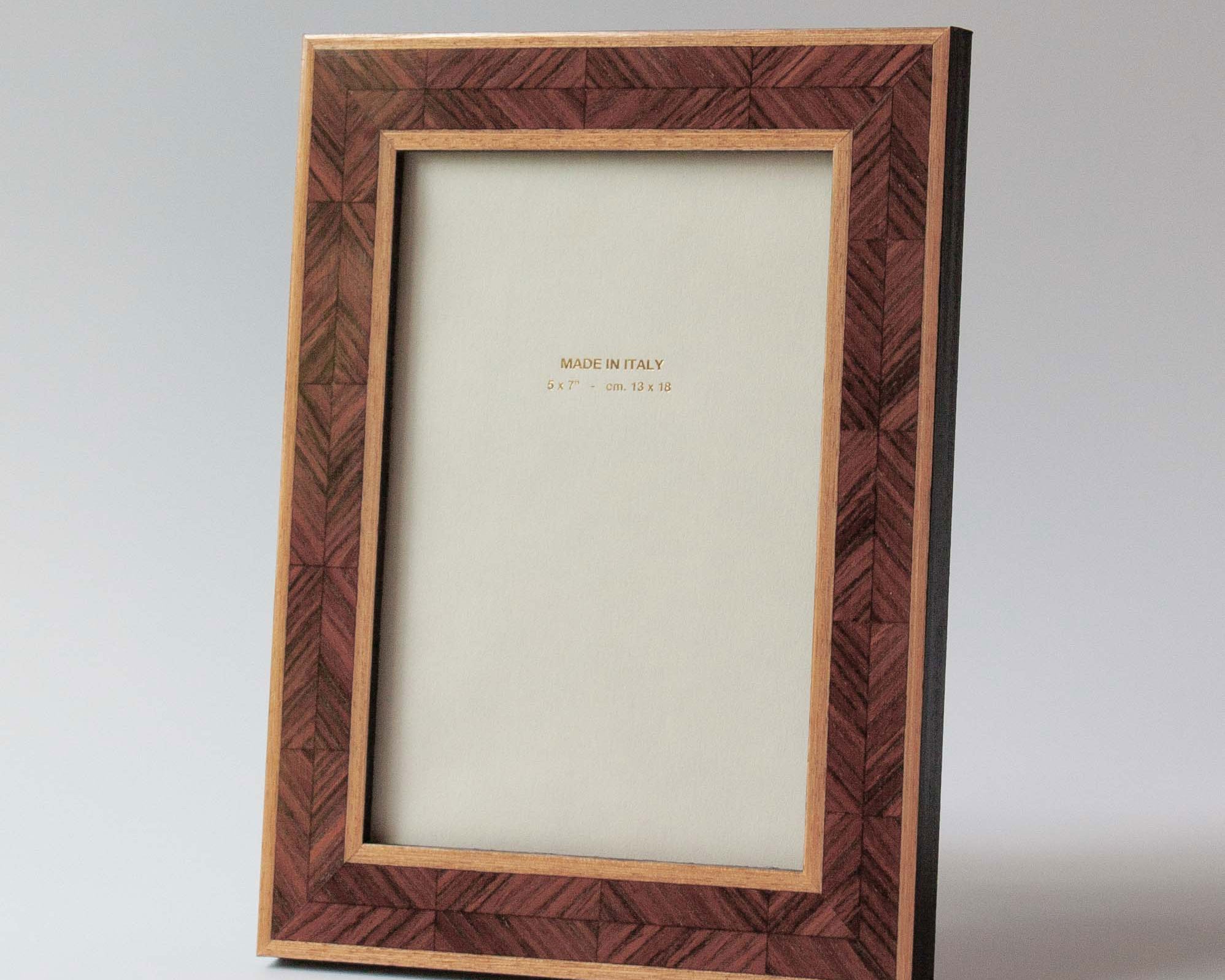 Lacquered walnut herringbone marquetry, this luxury photo frame is handmade for Anboise in Italy