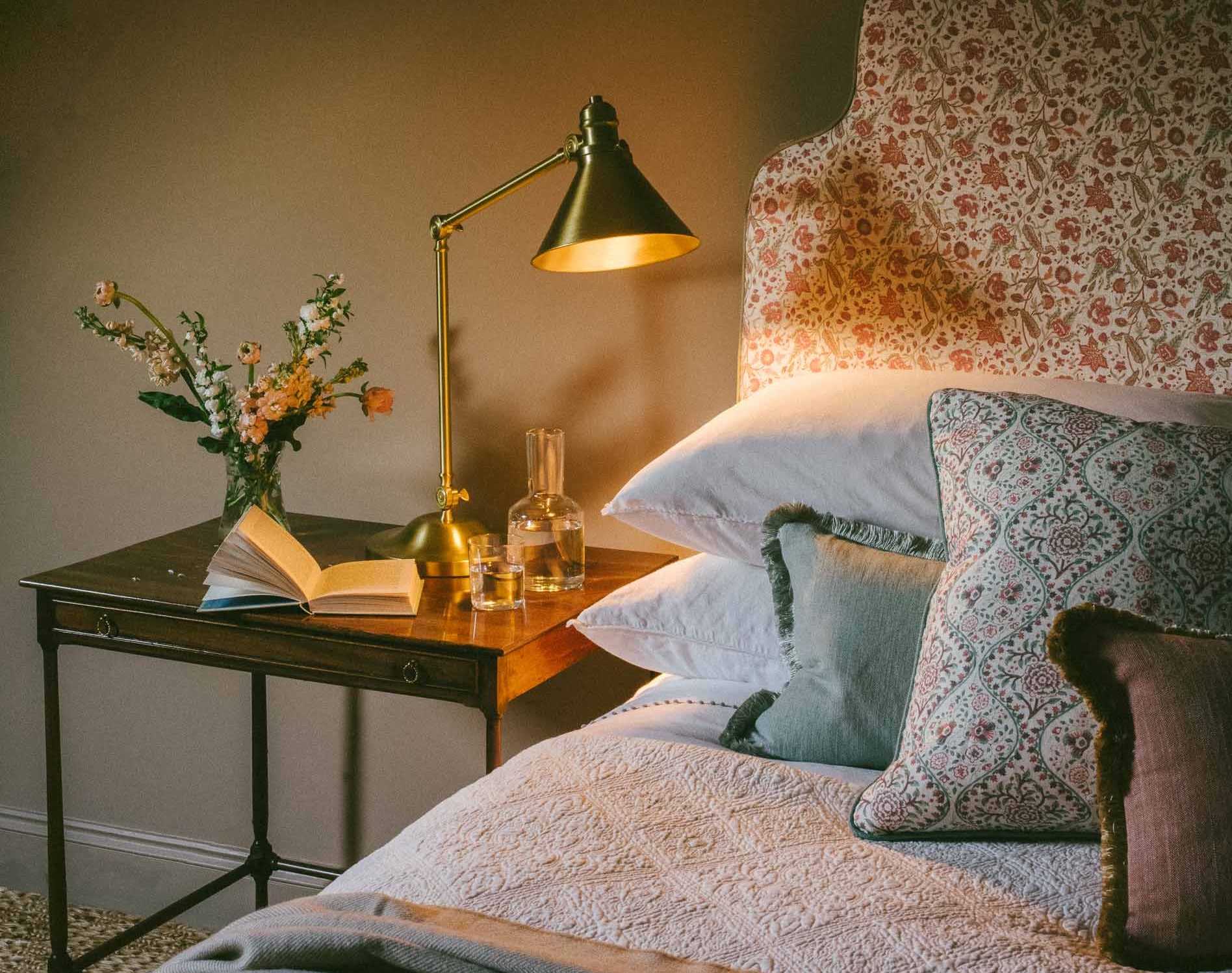 Tall upholstered headboard styled in bedroom – Anboise