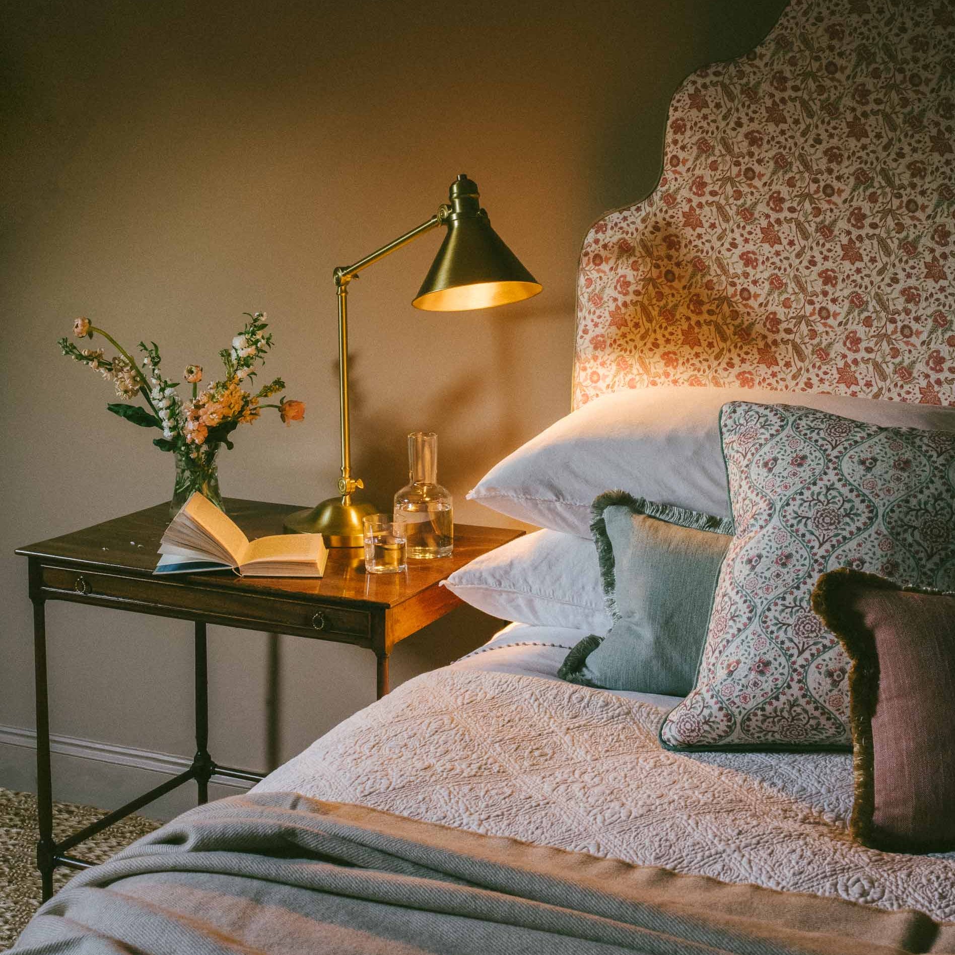 Tall upholstered headboard styled in bedroom – Anboise