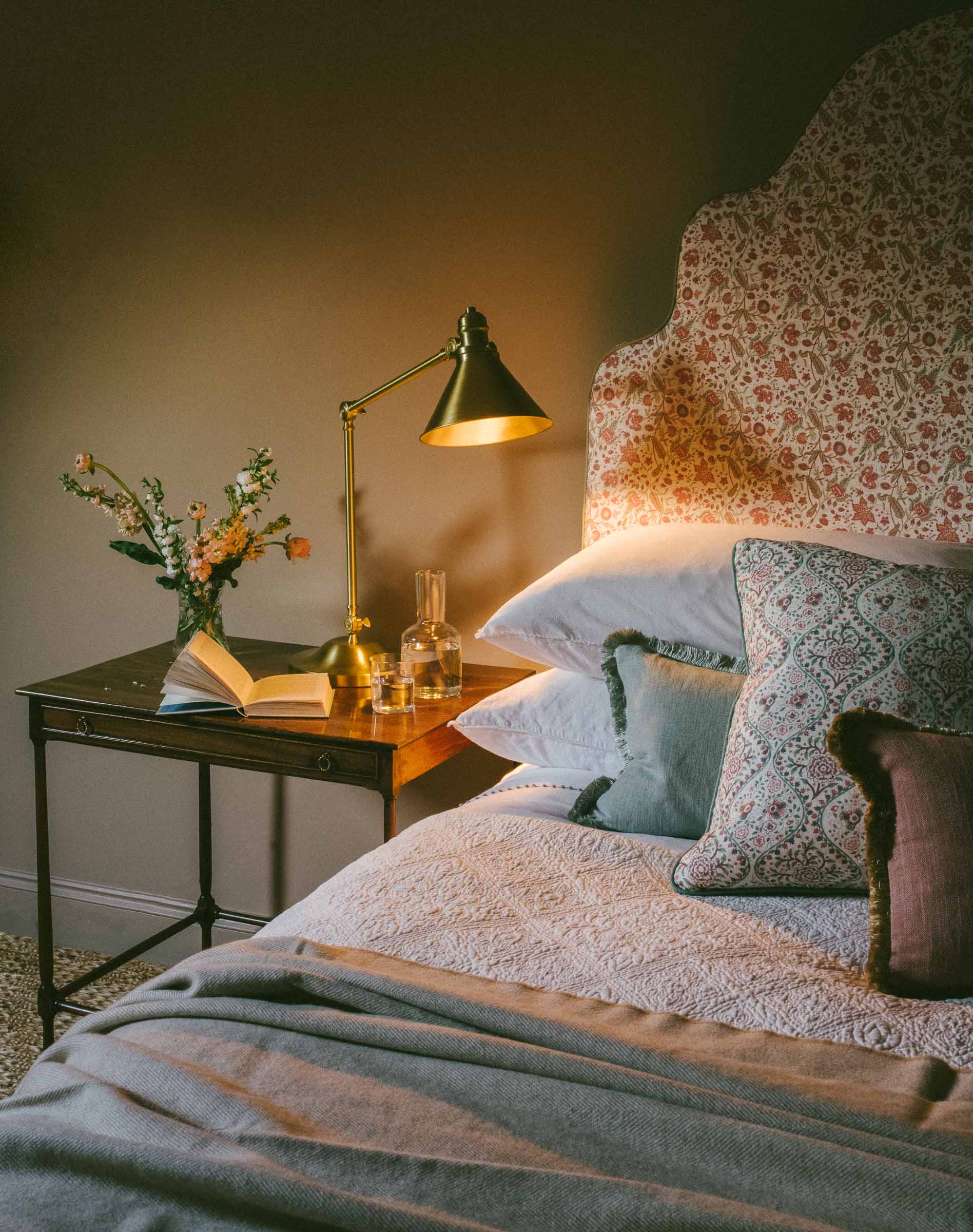 Tall upholstered headboard styled in bedroom – Anboise