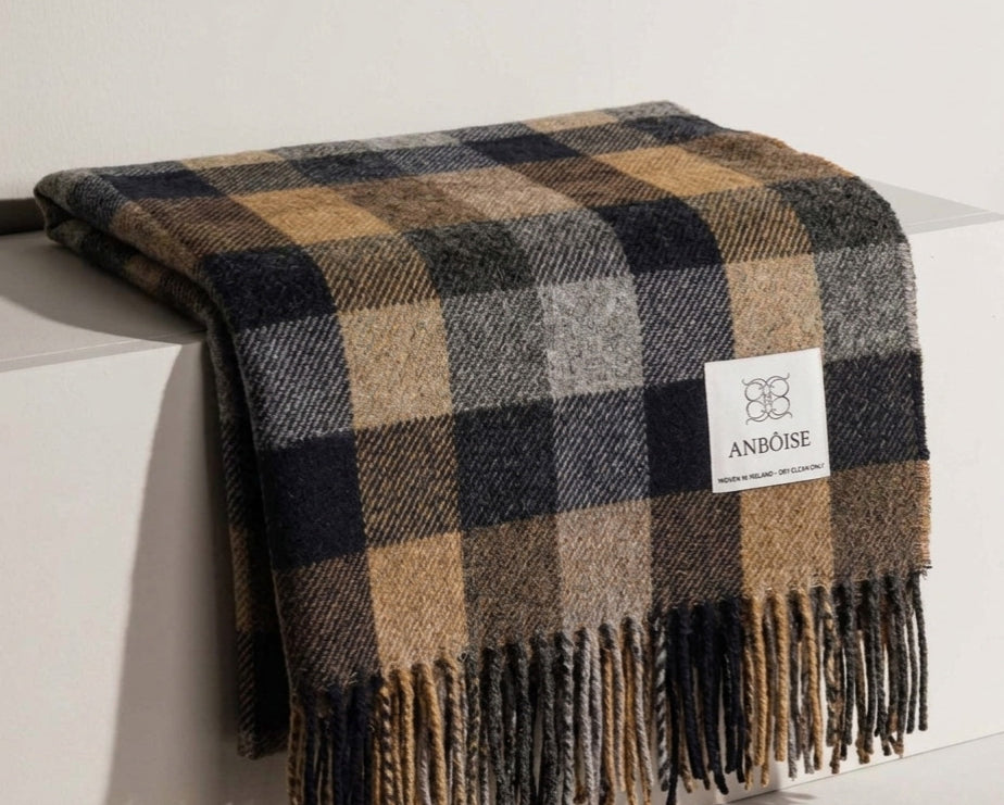 Wool throw with navy, grey and camel check and fringe detailing - Anboise
