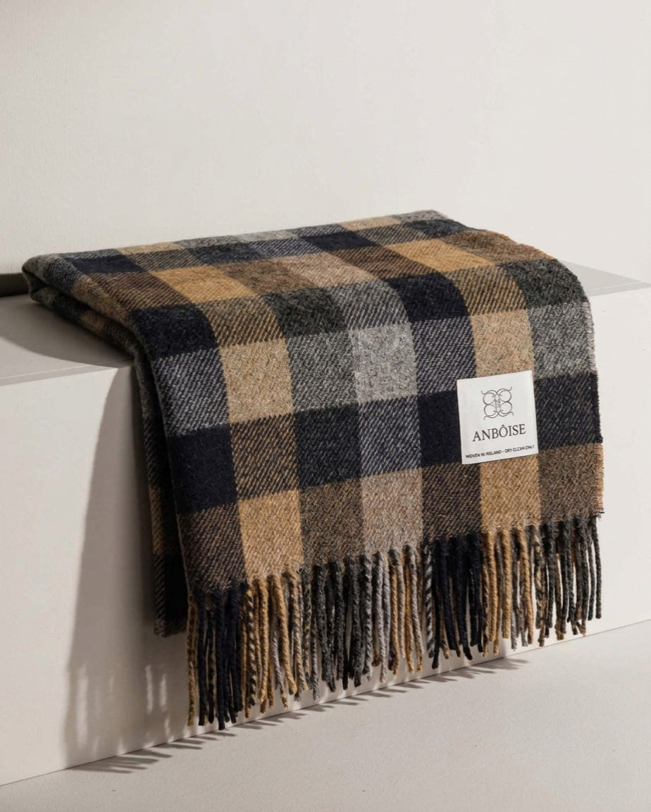 Wool throw with navy, grey and camel check and fringe detailing - Anboise