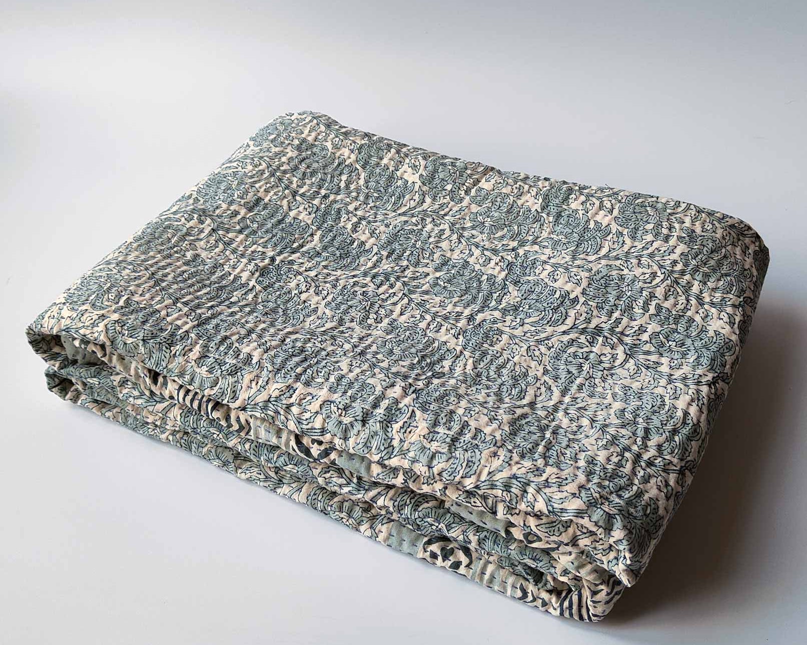 Ophelia Handmade Blue Block Printed Quilt | Anboise