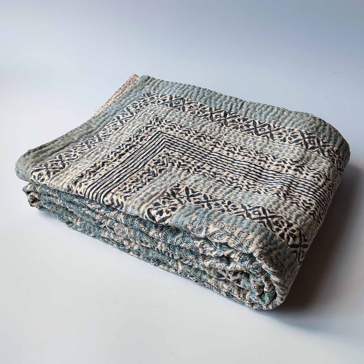 Ophelia Handmade Blue Block Printed Quilt | Anboise