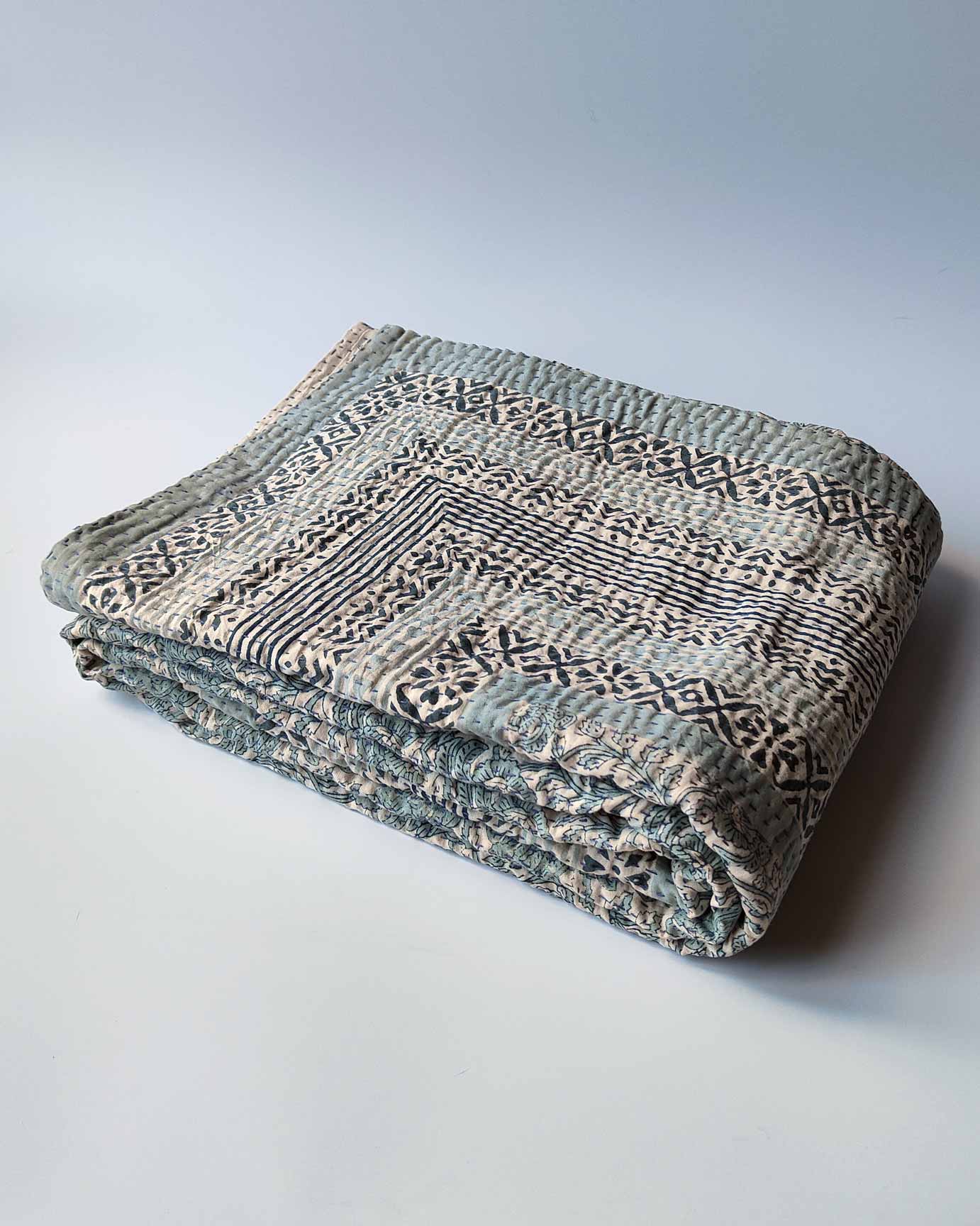 Ophelia Handmade Blue Block Printed Quilt | Anboise