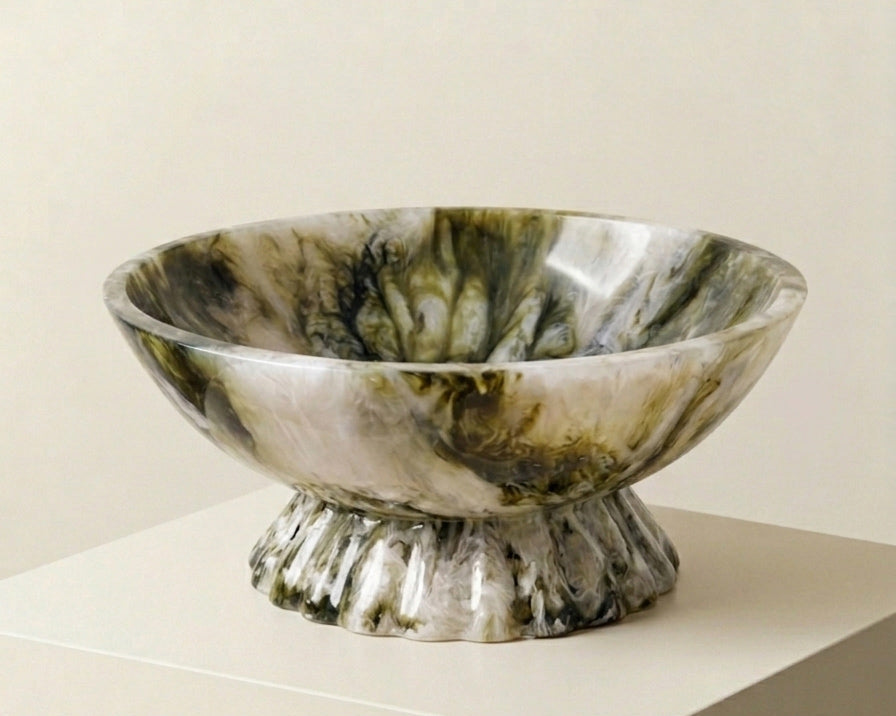 Raven decorative resin bowl with olive green, charcoal and cream marbling – Anboise