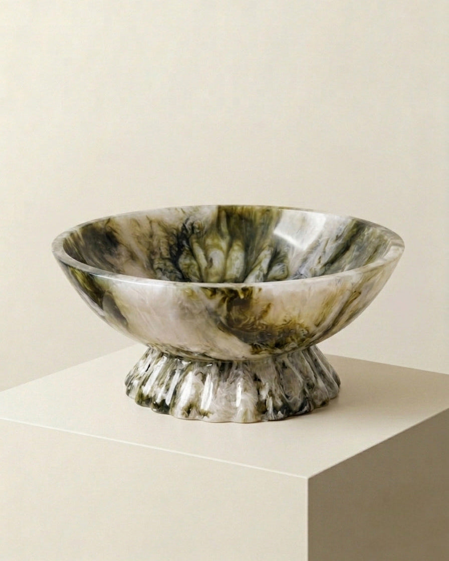 Raven decorative resin bowl with olive green, charcoal and cream marbling – Anboise