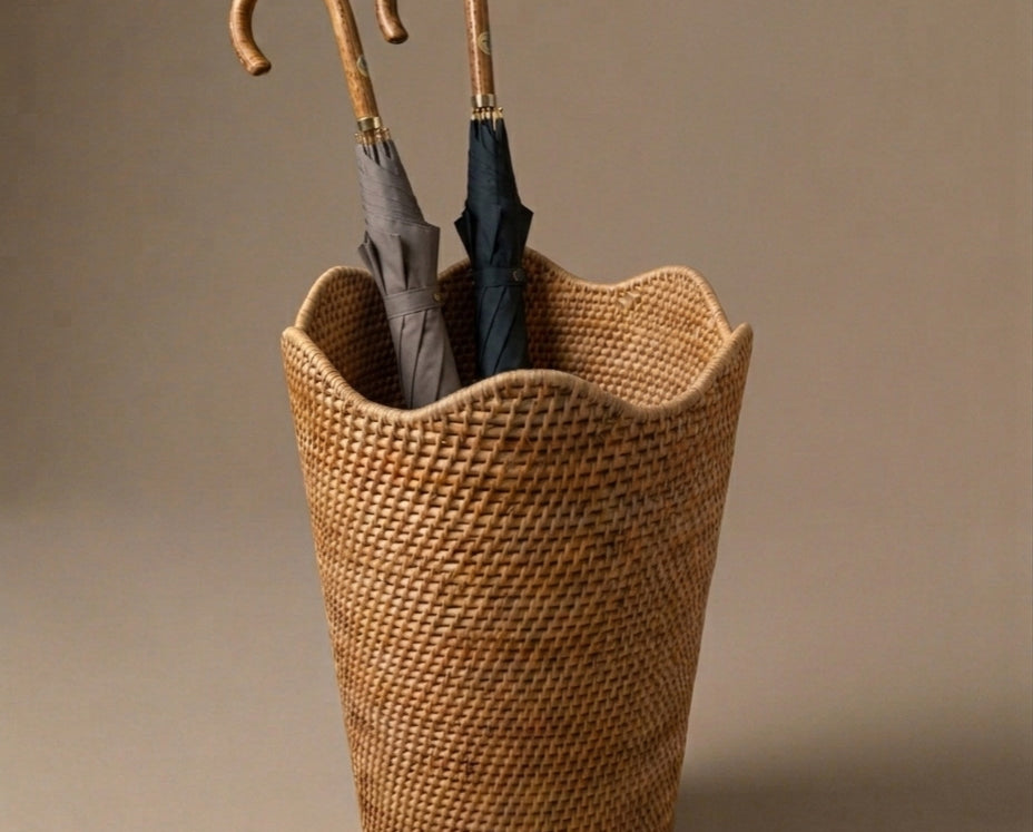 Rattan umbrella stand holding umbrellas against a brown background