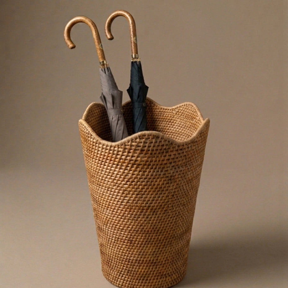 Mae scalloped rattan umbrella stand – handwoven natural rattan