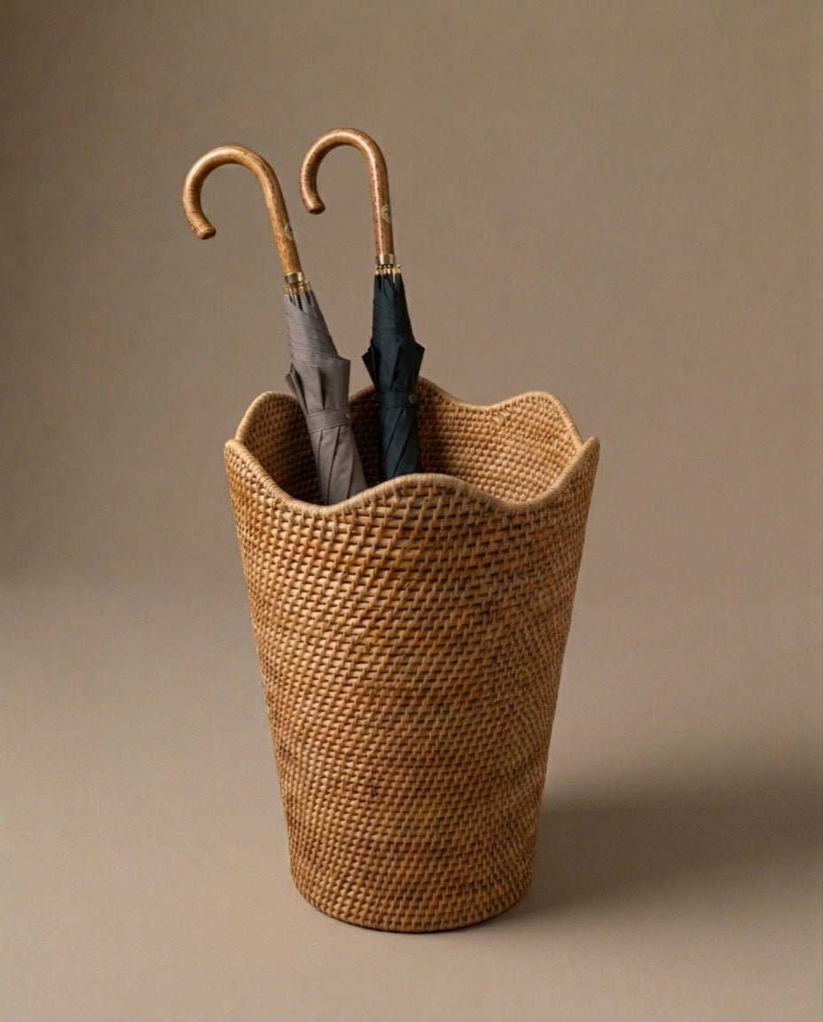 Mae scalloped rattan umbrella stand – handwoven natural rattan