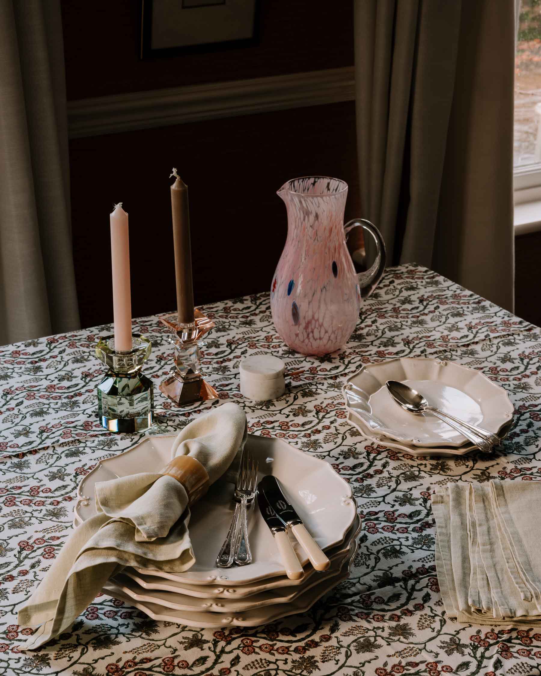 Gabrielle Handmade Block Printed Green and Coral Tablecloth | Anboise