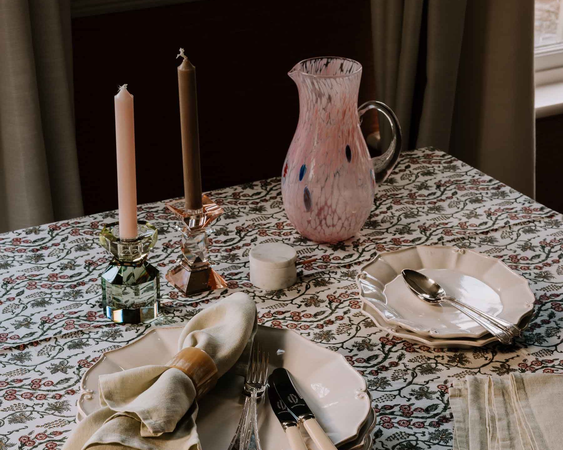 Gabrielle Handmade Block Printed Green and Coral Tablecloth | Anboise