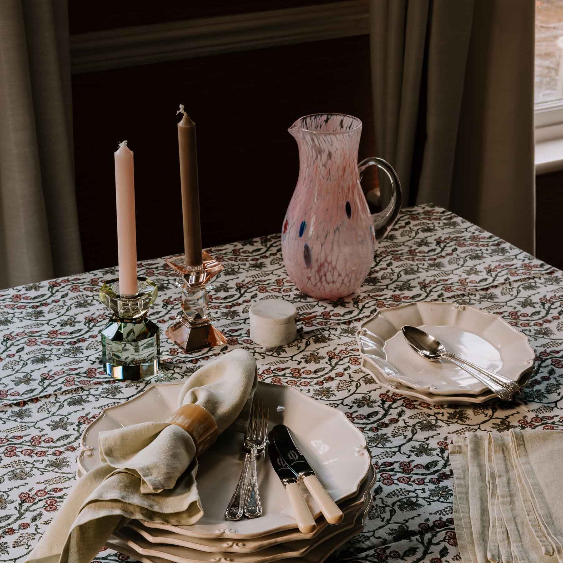 Gabrielle Handmade Block Printed Green and Coral Tablecloth | Anboise