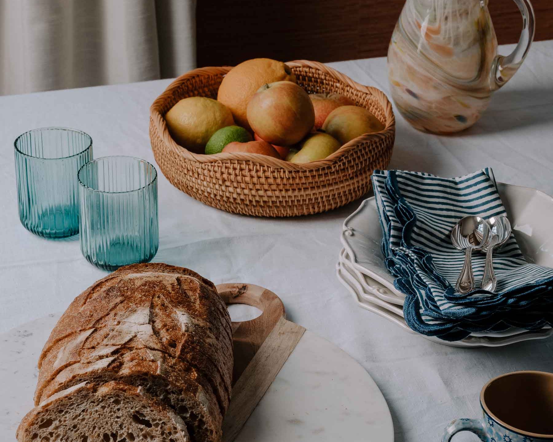 Luxury hand blocked stripes and blue scalloped embroidered edge napkin set | Anboise Tableware