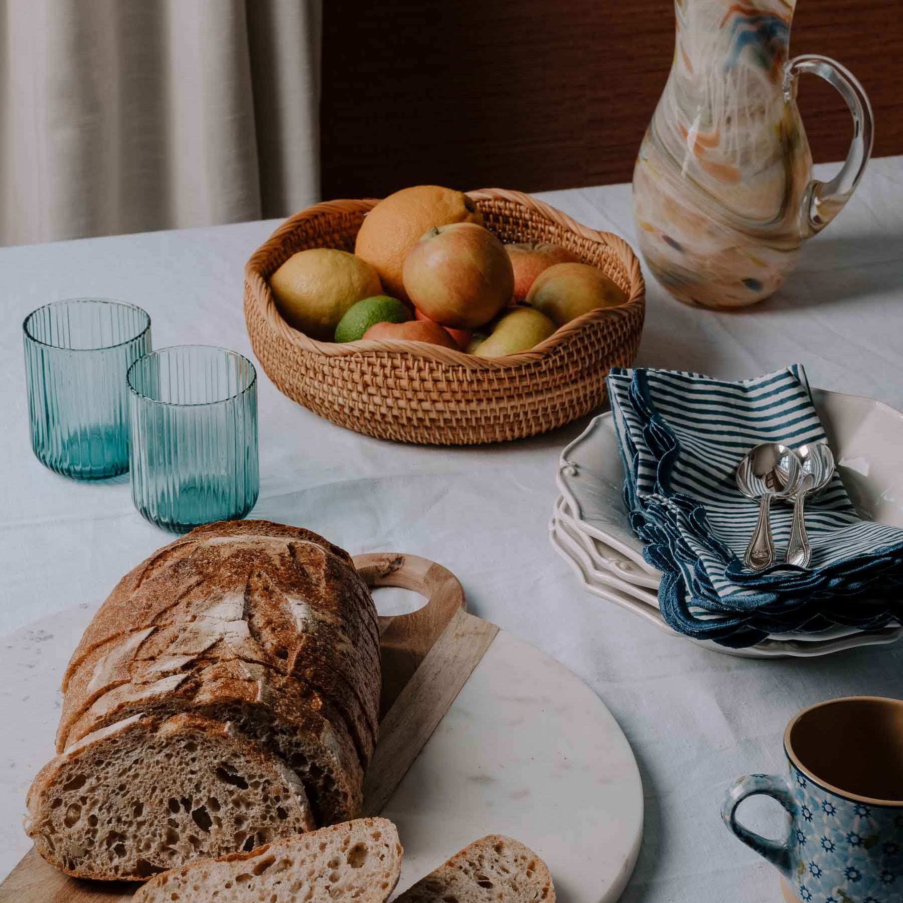 Luxury hand blocked stripes and blue scalloped embroidered edge napkin set | Anboise Tableware