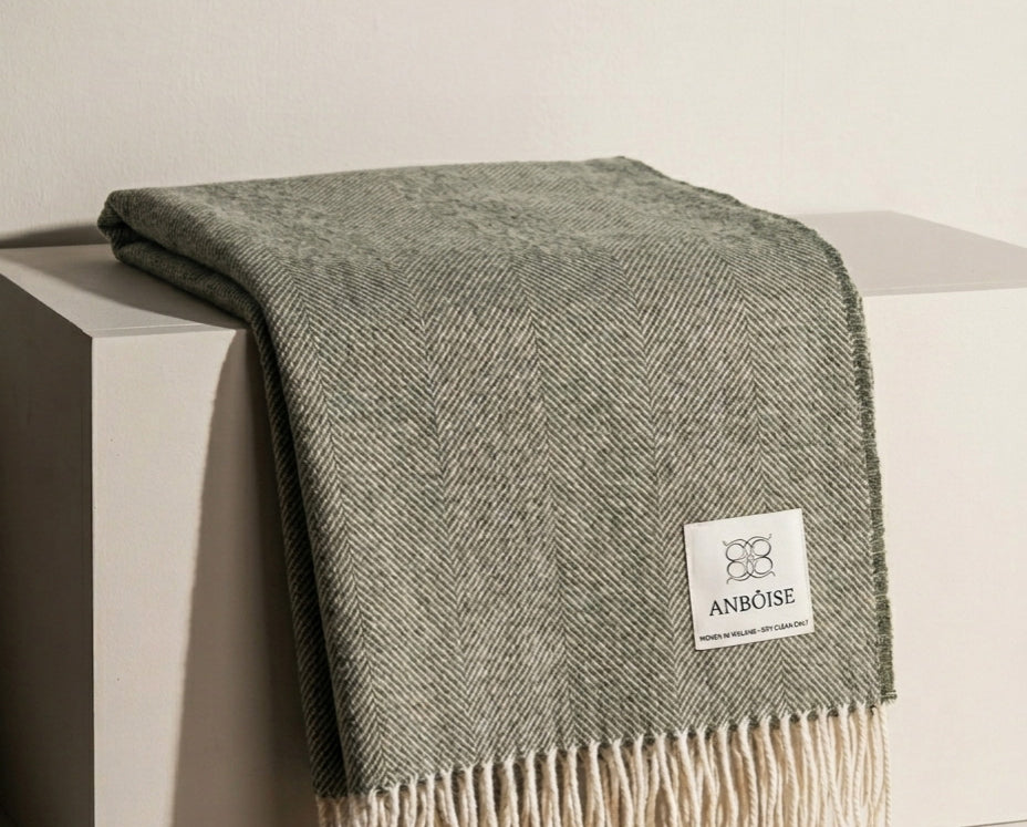 Yew green herringbone Merino wool throw – woven in Ireland - Anboise