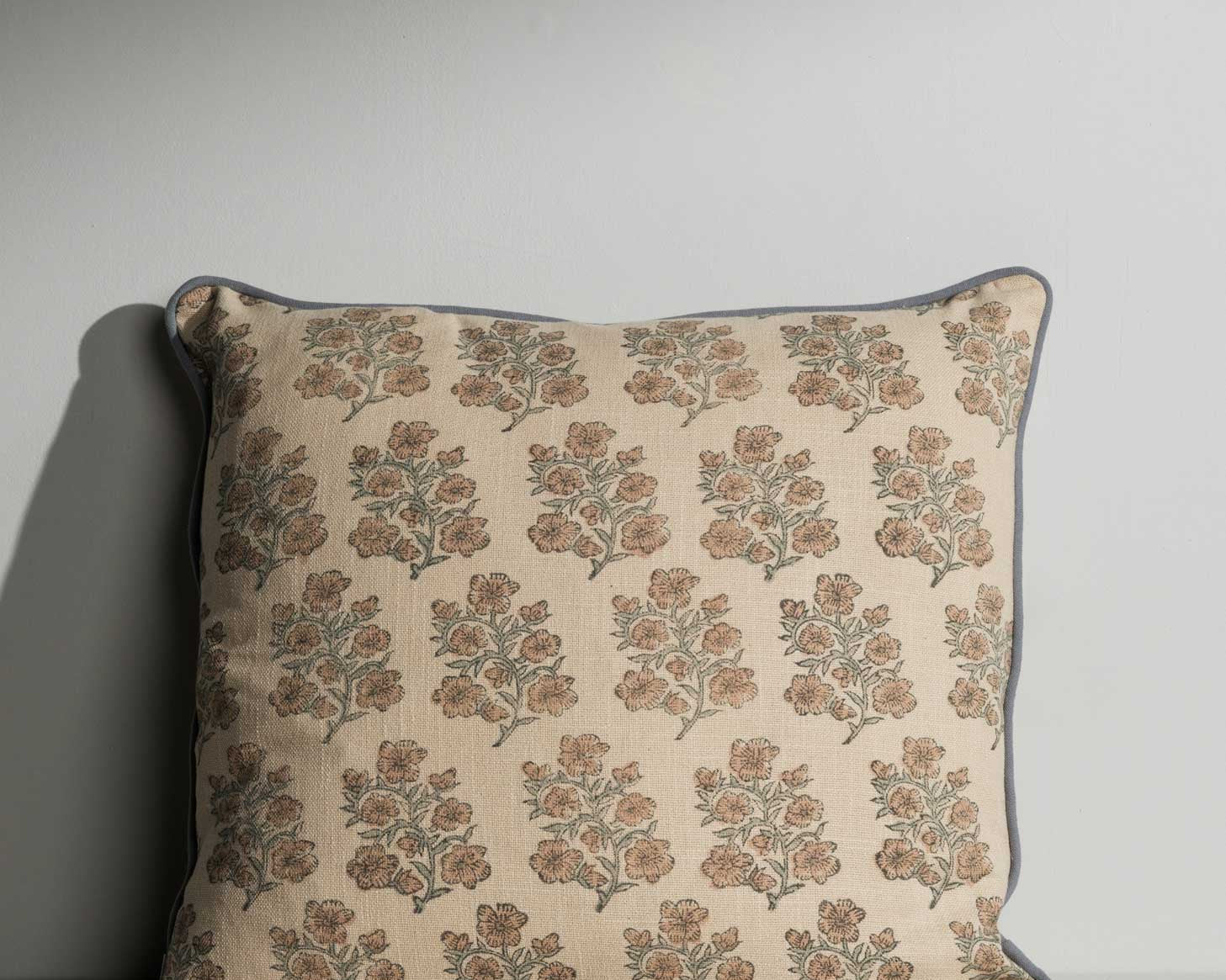 Danielle double‑sided hand block printed cushion with contrast piping – Anboise