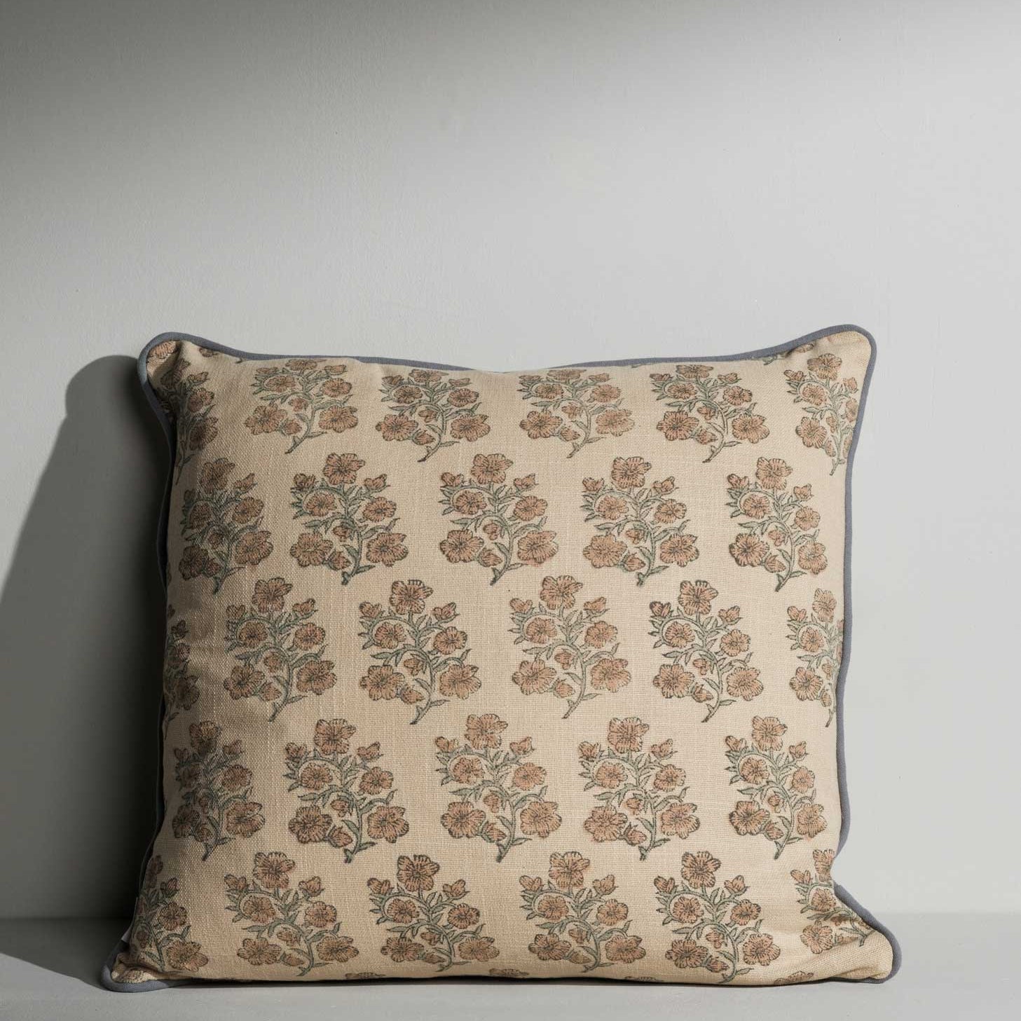 Danielle double‑sided hand block printed cushion with contrast piping – Anboise