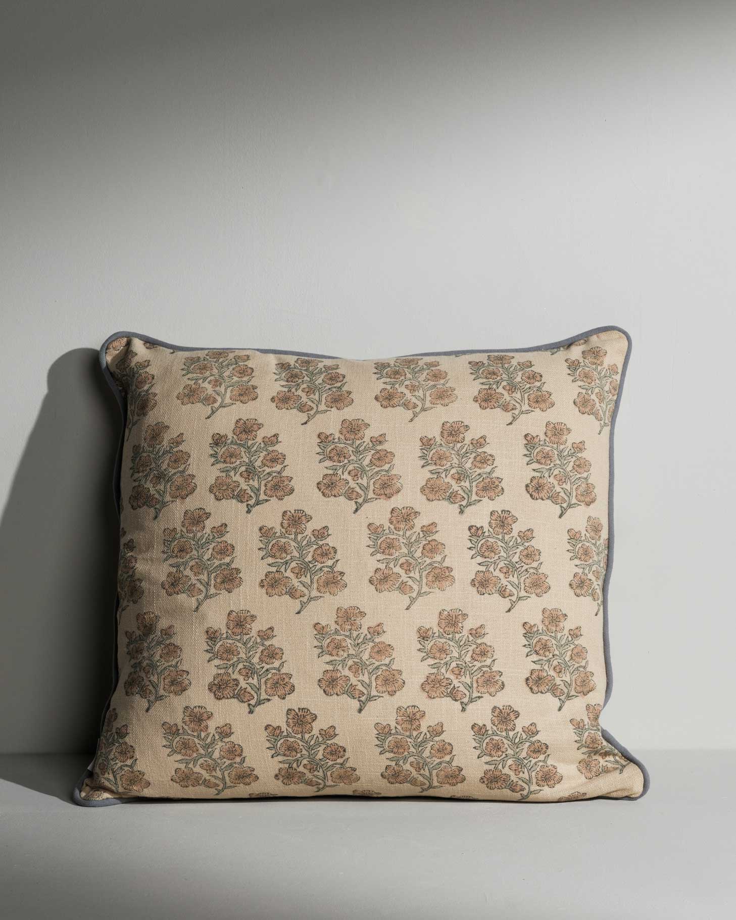 Danielle double‑sided hand block printed cushion with contrast piping – Anboise