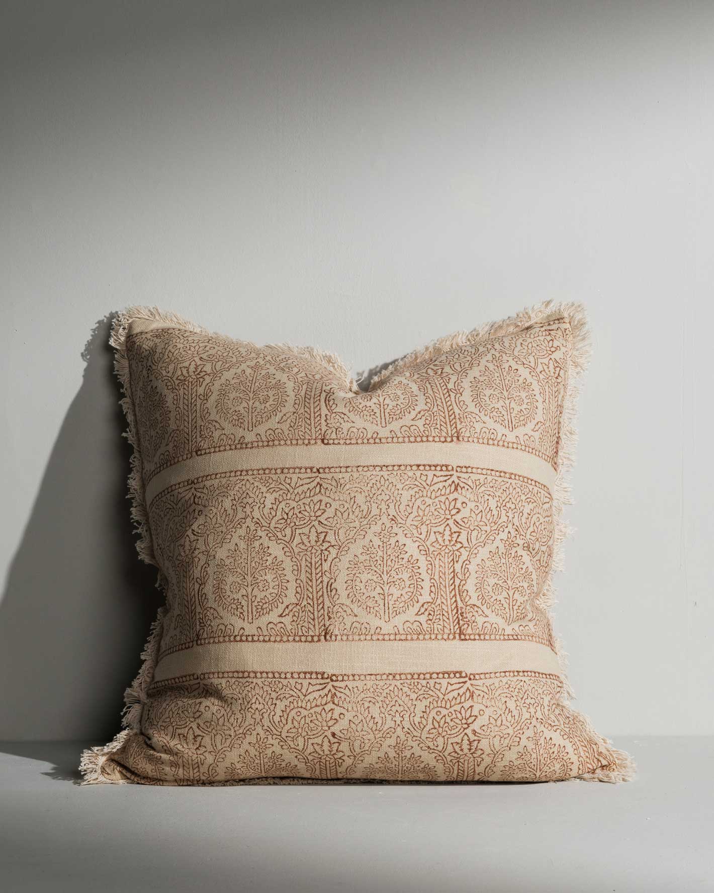 Helen double‑sided hand block printed cushion with fringe – Anboise