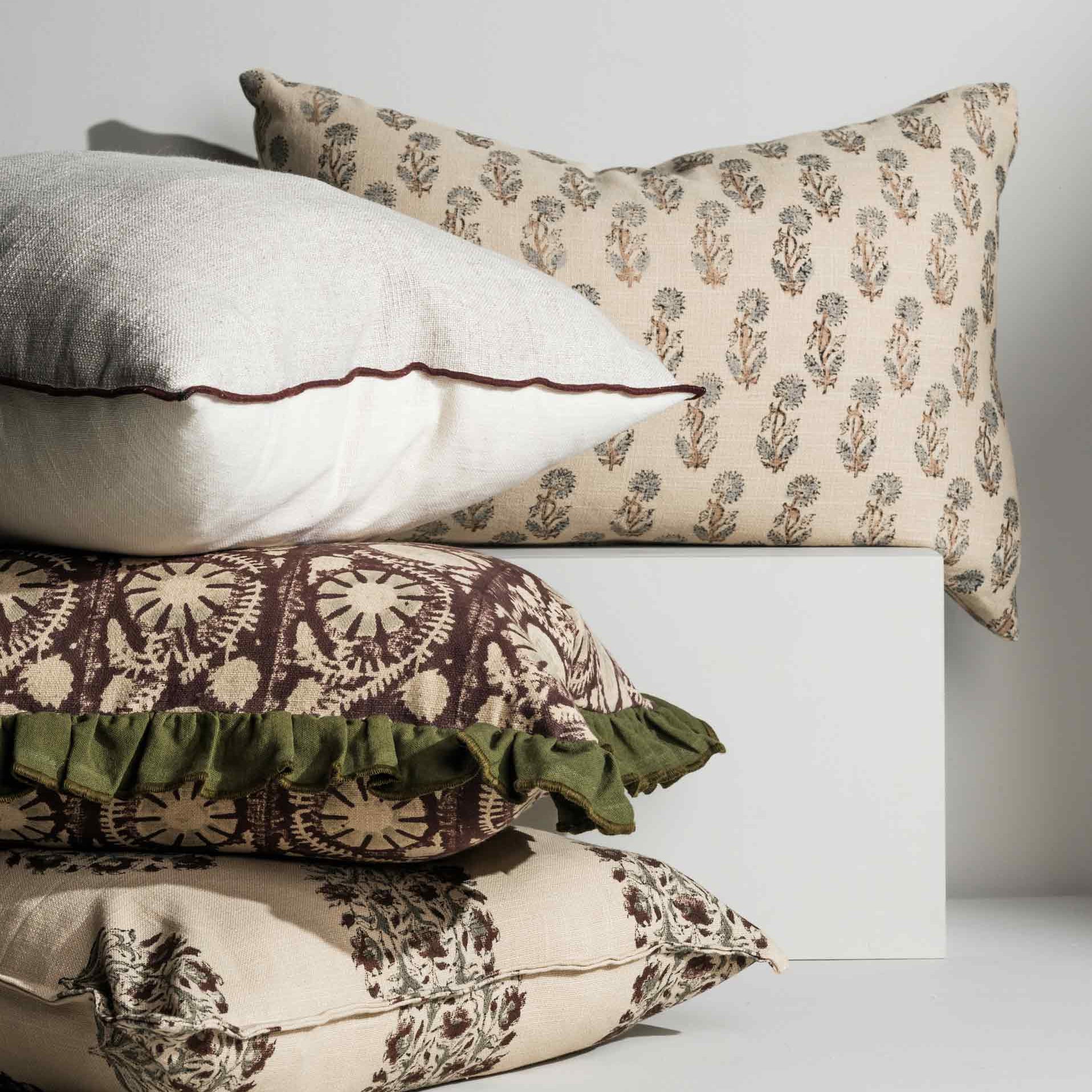 Close‑up of block print detailing and frill trims - Anboise Luxury Cushions
