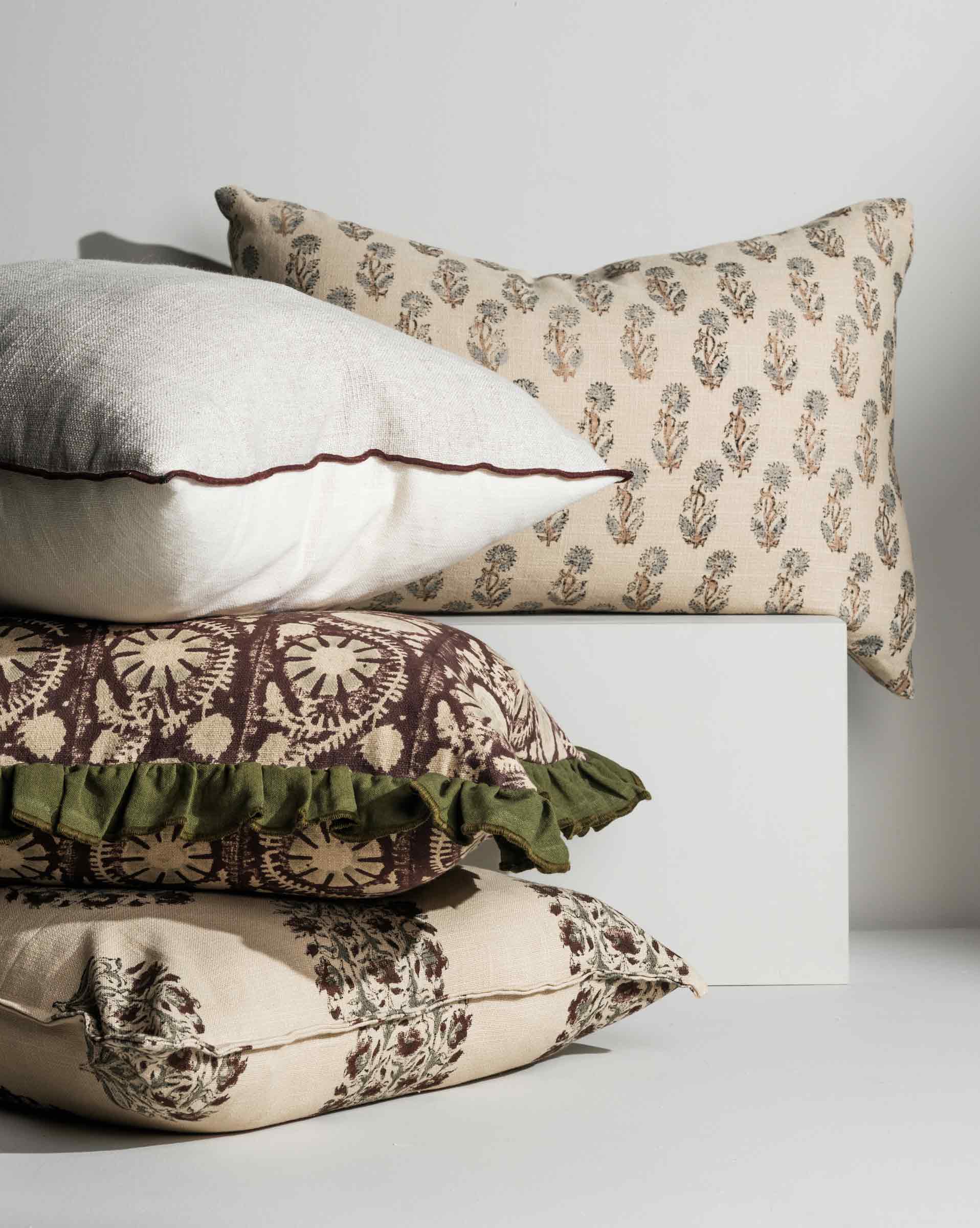 Close‑up of block print detailing and frill trims - Anboise Luxury Cushions
