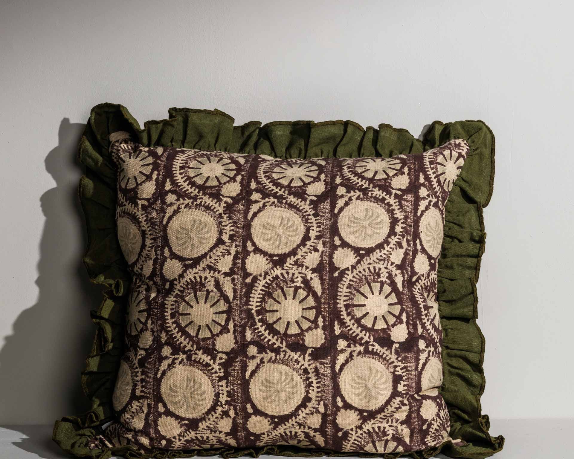 Sarai double‑sided hand block printed square cushion with frilled edge – Anboise