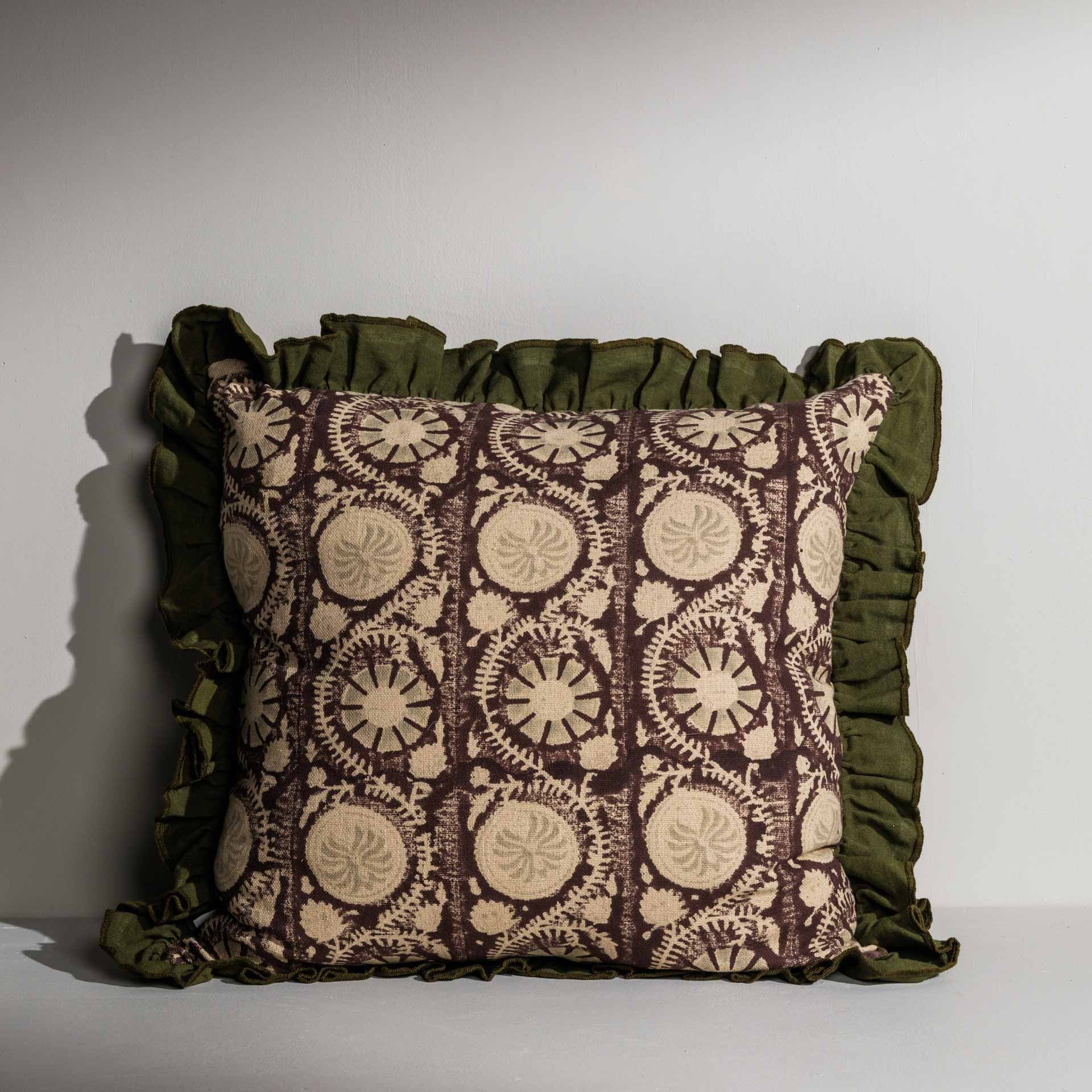 Sarai double‑sided hand block printed square cushion with frilled edge – Anboise