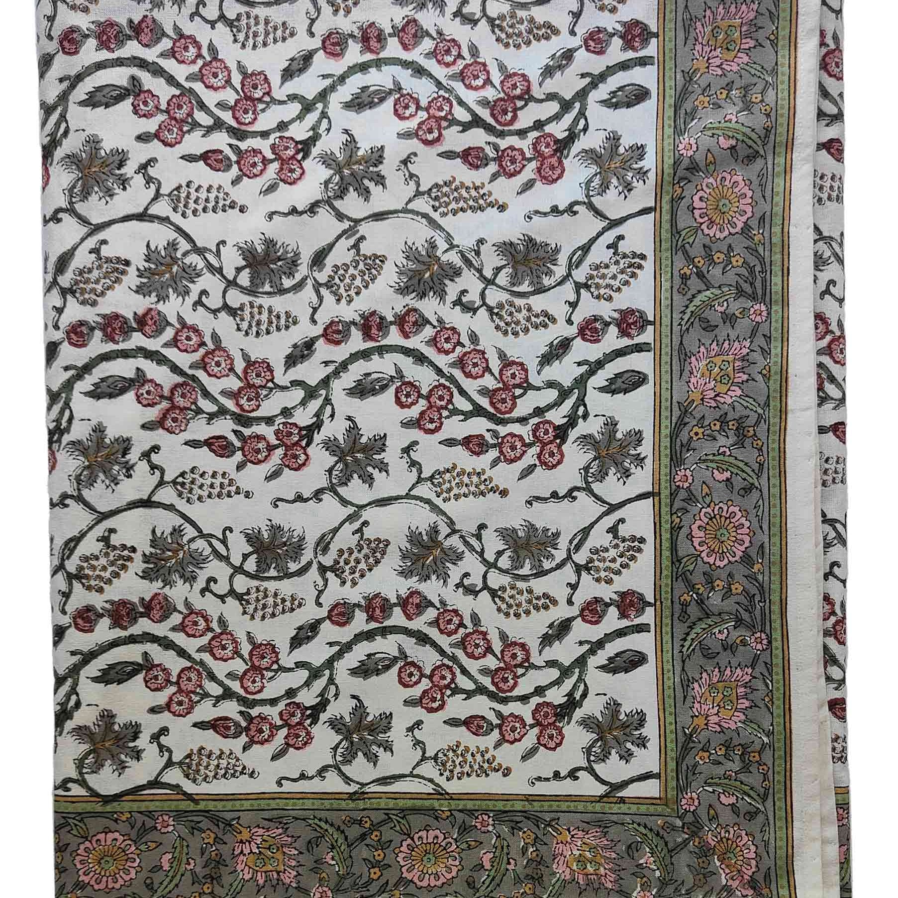 Gabrielle Handmade Block Printed Green and Coral Tablecloth | Anboise