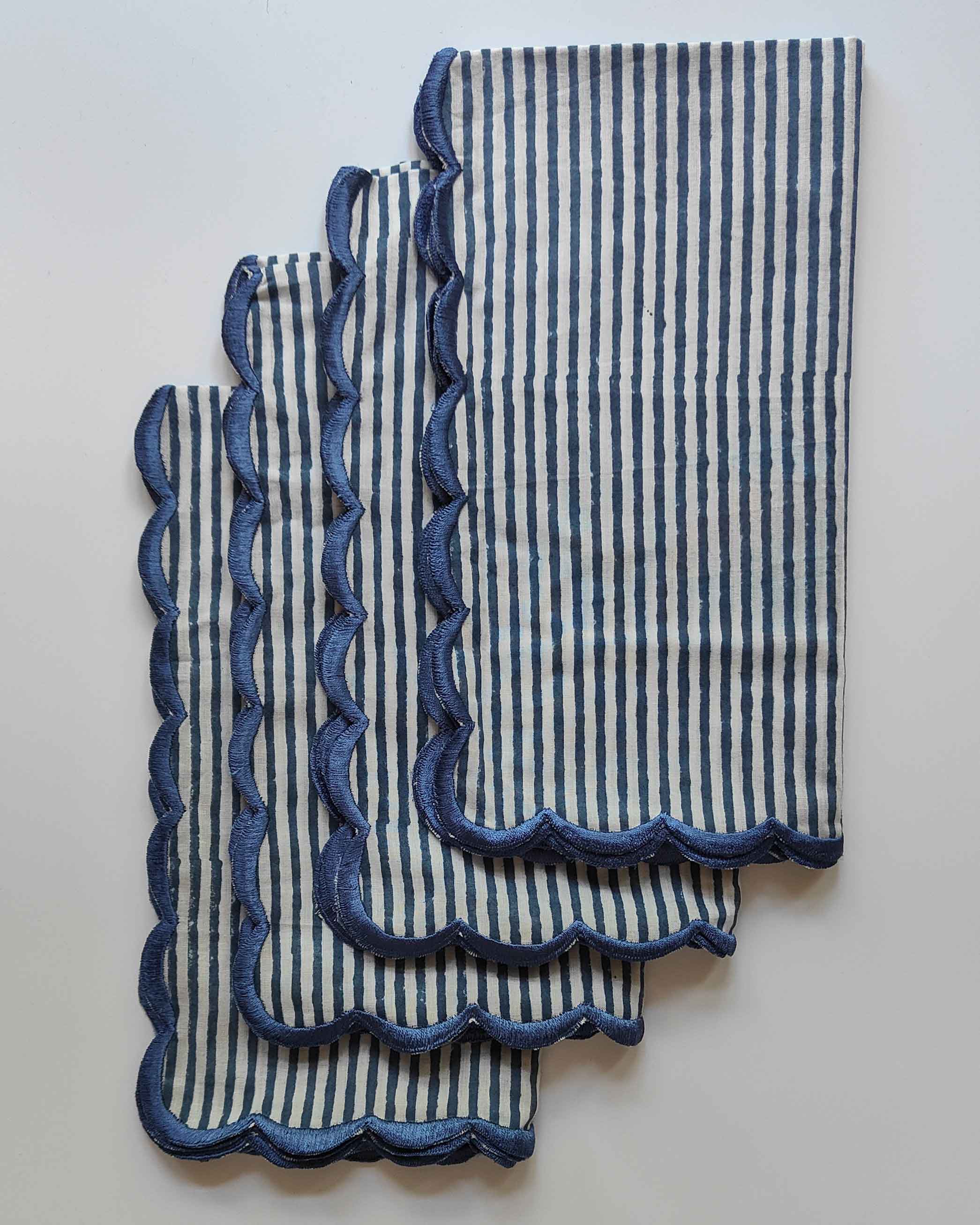 Luxury hand blocked stripes and blue scalloped embroidered edge napkin set | Anboise Tableware