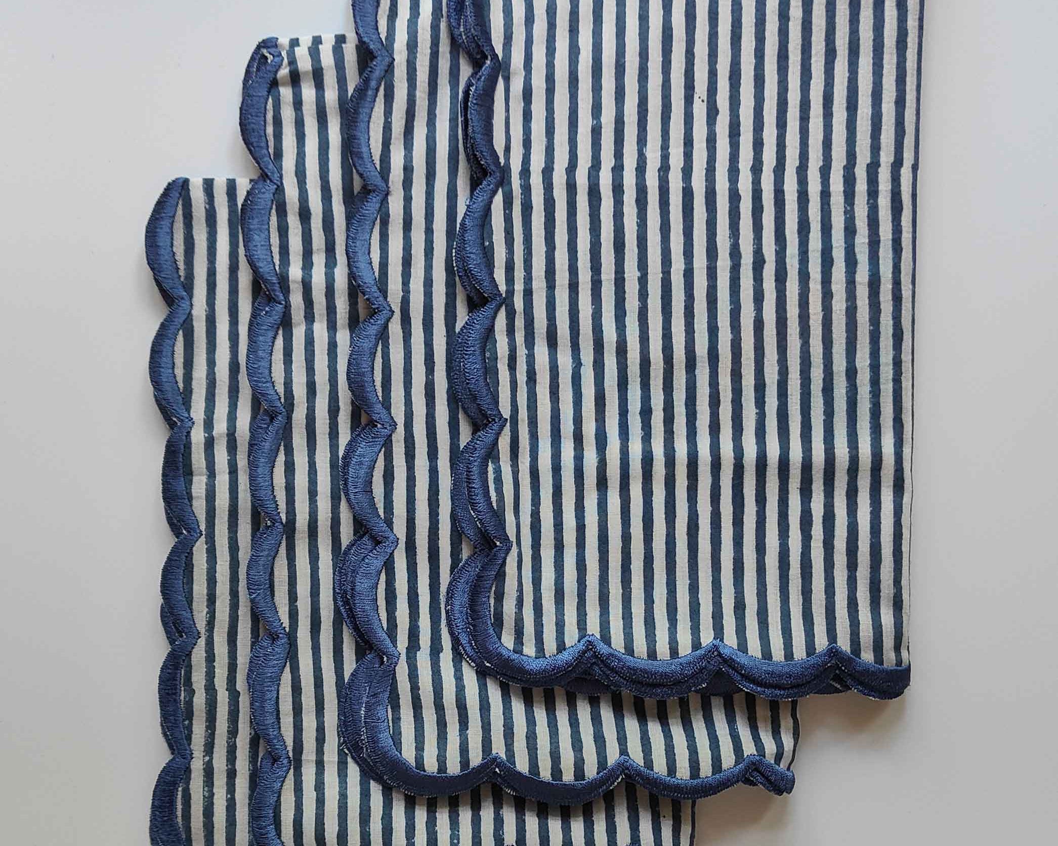 Luxury hand blocked stripes and blue scalloped embroidered edge napkin set | Anboise Tableware