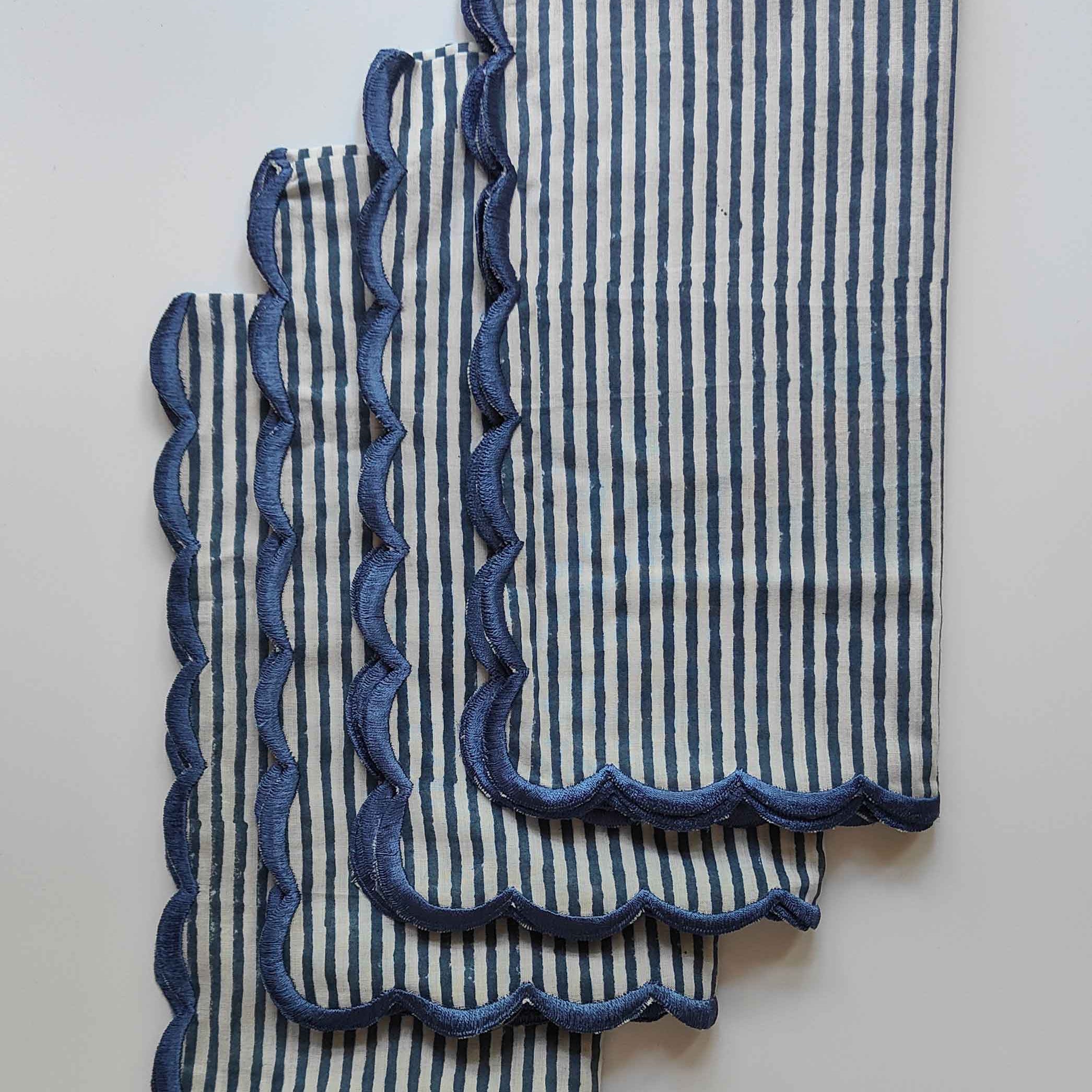 Luxury hand blocked stripes and blue scalloped embroidered edge napkin set | Anboise Tableware