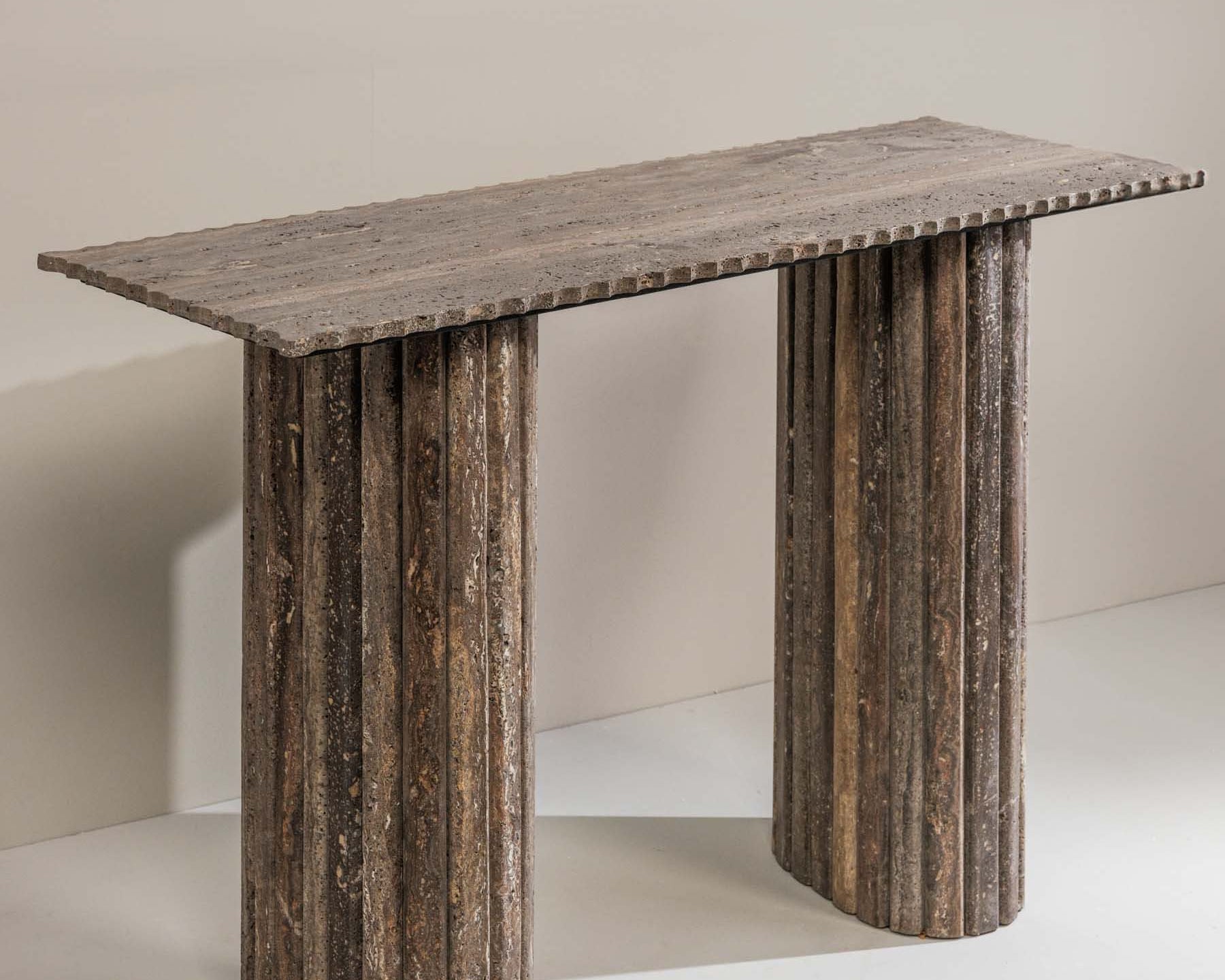 April console table crafted from dark grey Travertine with dramatic veining – Anboise