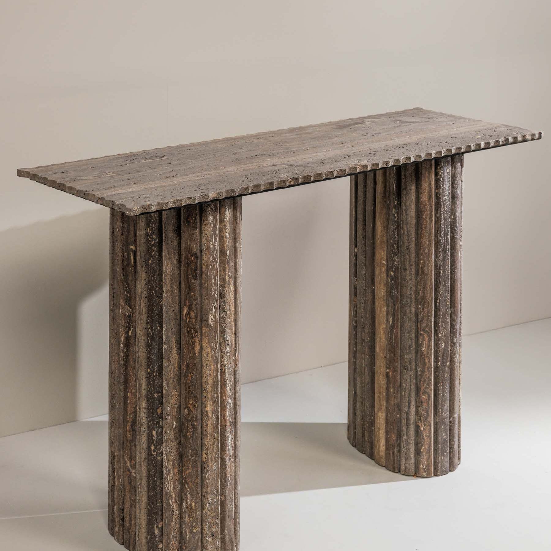 April console table crafted from dark grey Travertine with dramatic veining – Anboise