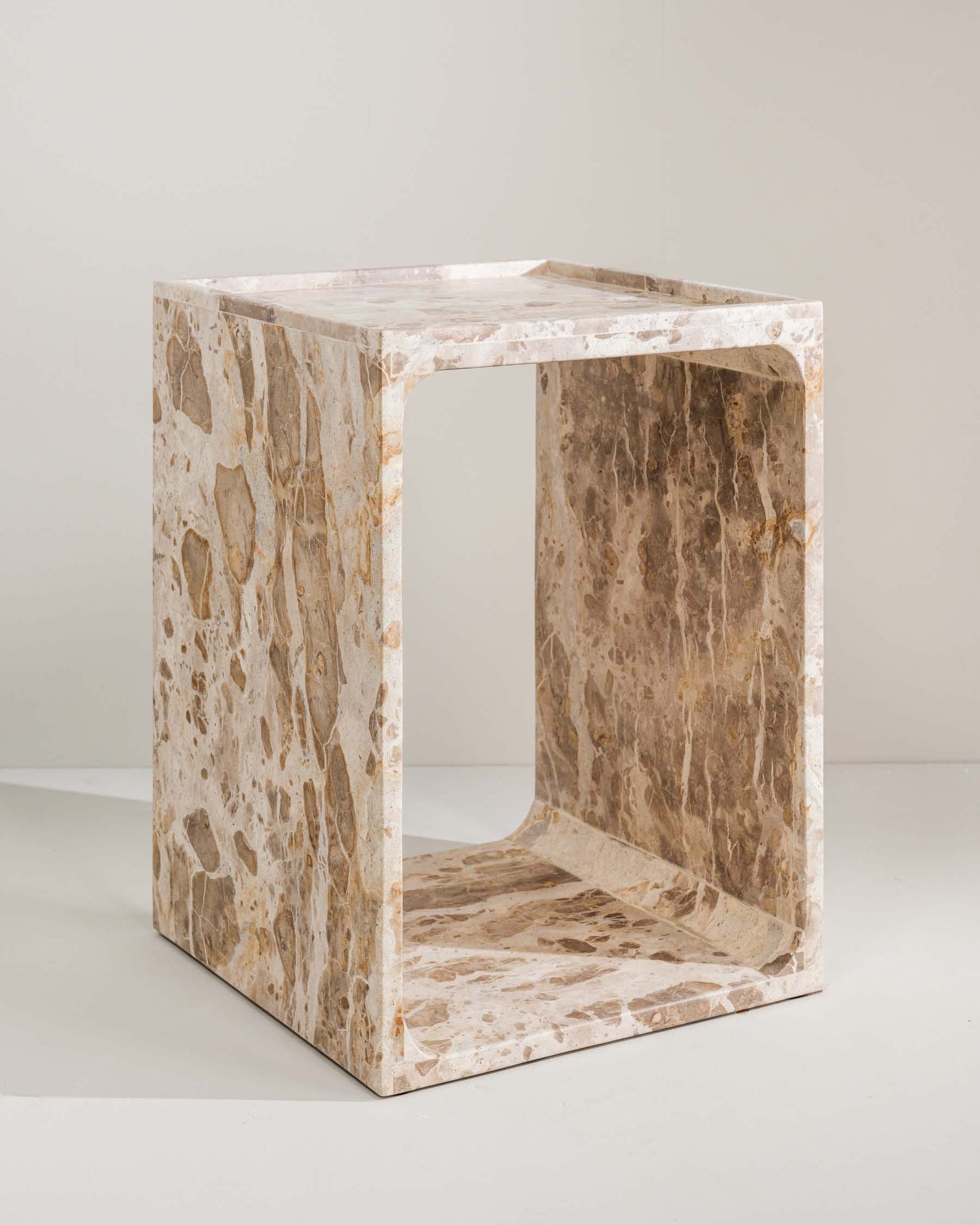 Fernanda square side table crafted from beige Desert Storm marble – Anboise