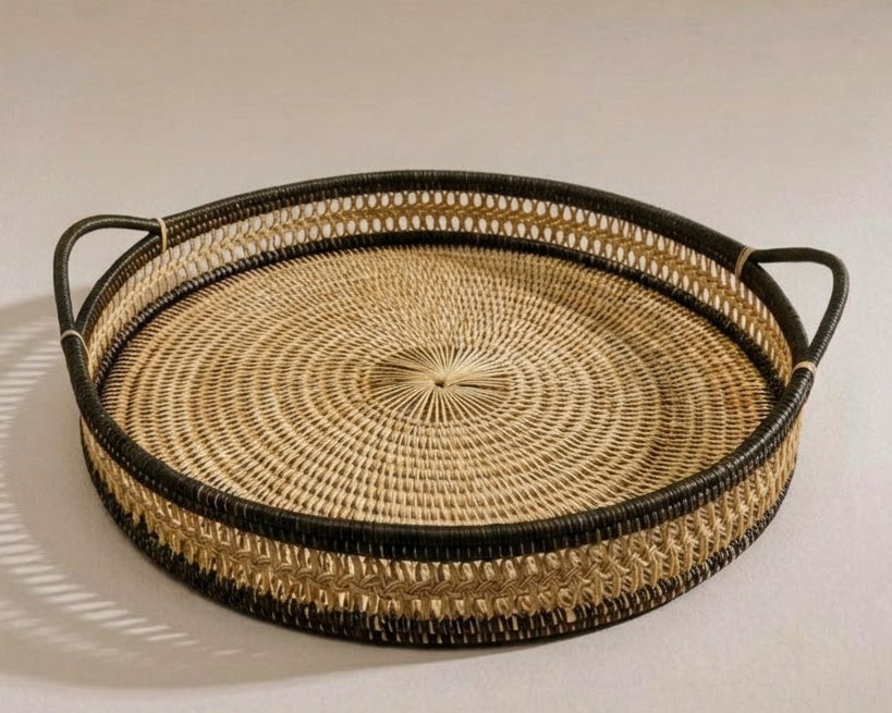 A round woven rattan tray with two side handles, featuring a natural rattan center and olive woven borders | Anboise