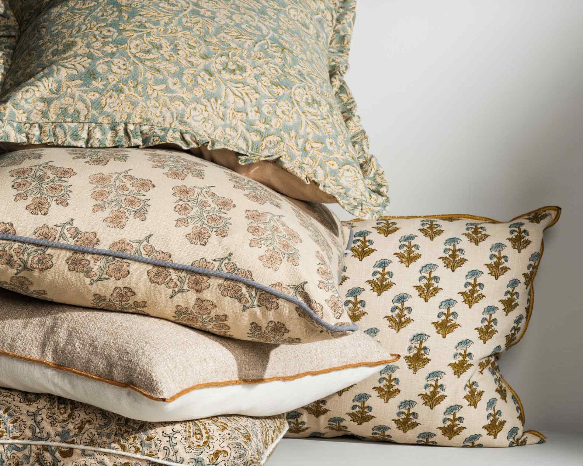 Close‑up of block print detailing, piped and ruffle edge - Anboise