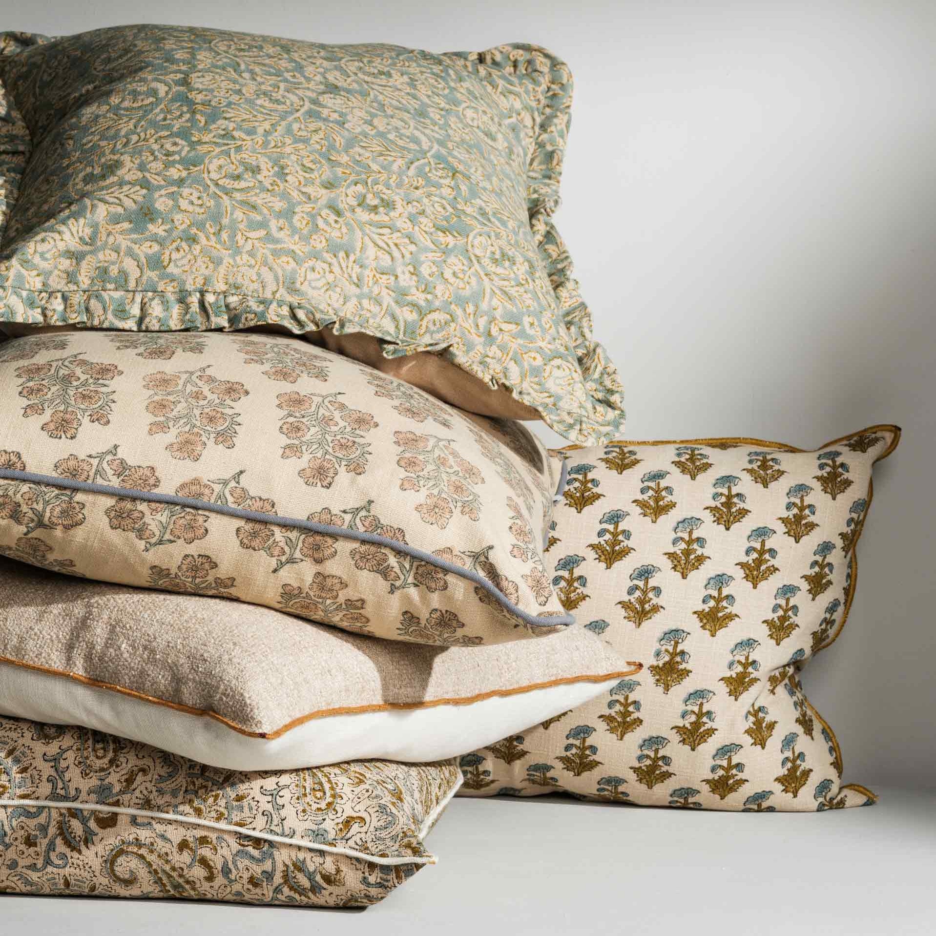Close‑up of block print detailing, piped and ruffle edge - Anboise