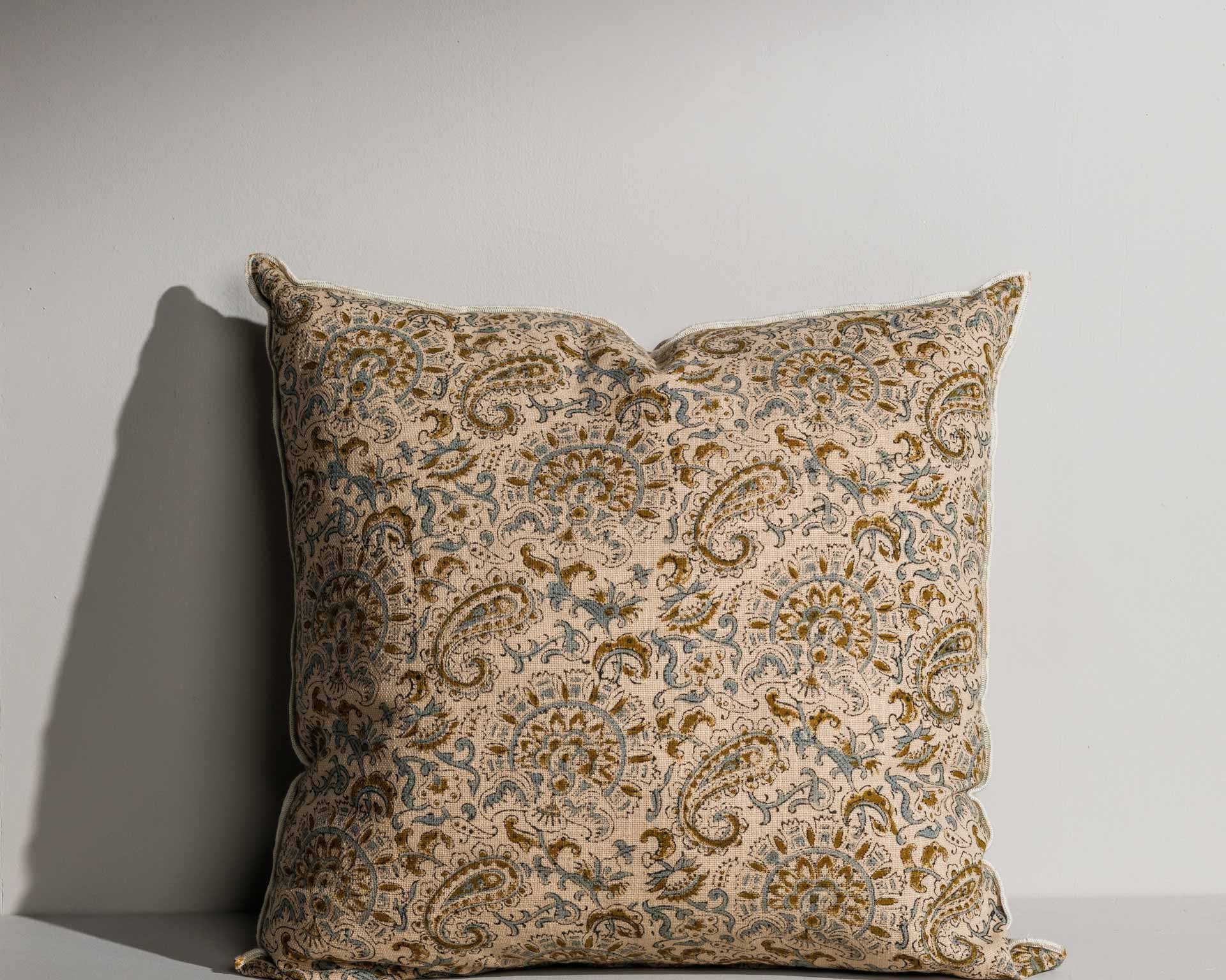 Mabel square double‑sided hand block printed cushion with contrast piping – Anboise