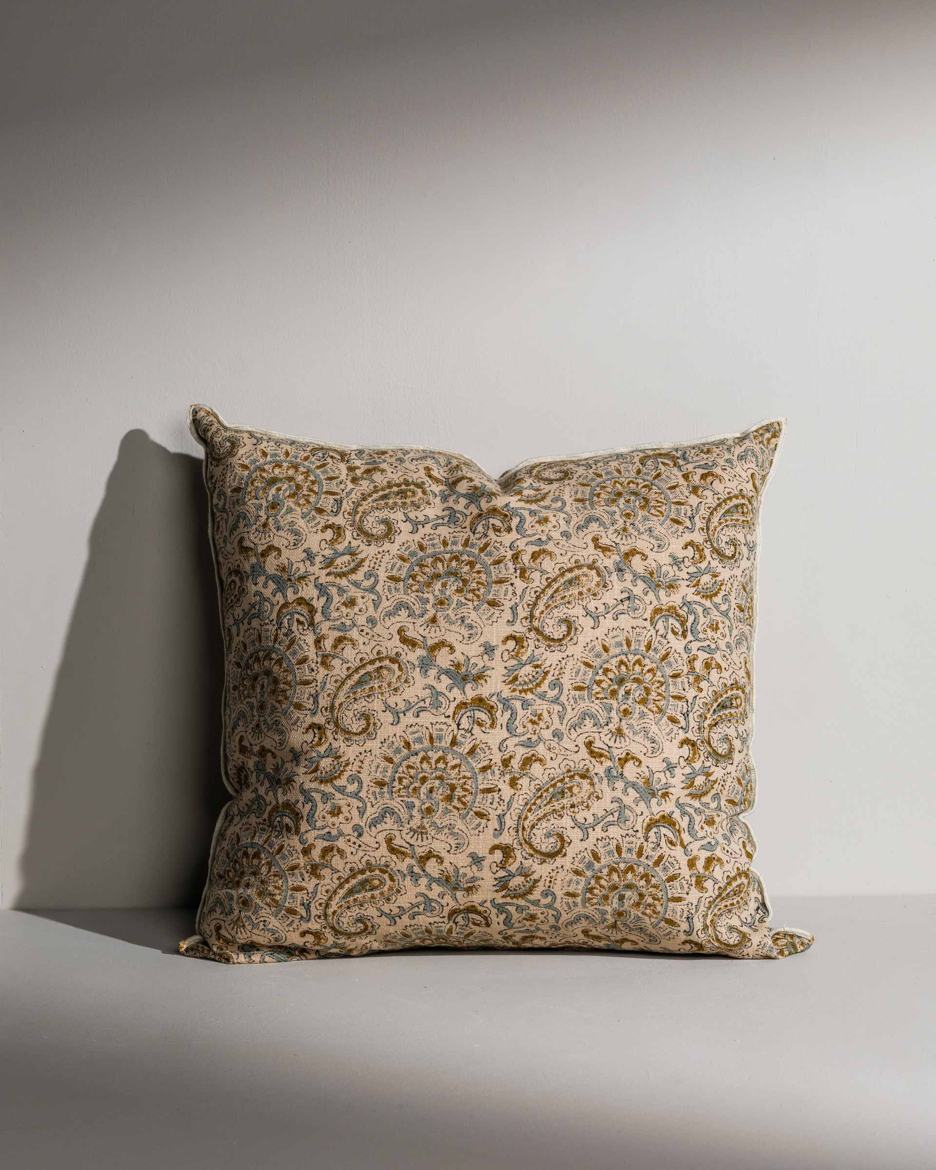 Mabel square double‑sided hand block printed cushion with contrast piping – Anboise