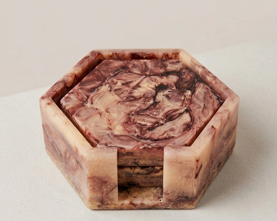Roselyn Hexagonal Resin Coaster Set with marbled brown finish – Anboise