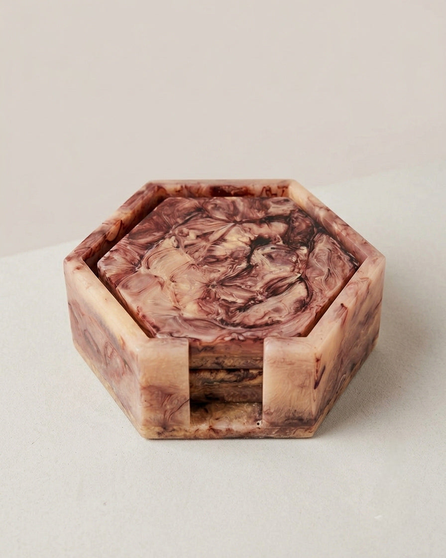 Roselyn Hexagonal Resin Coaster Set with marbled brown finish – Anboise