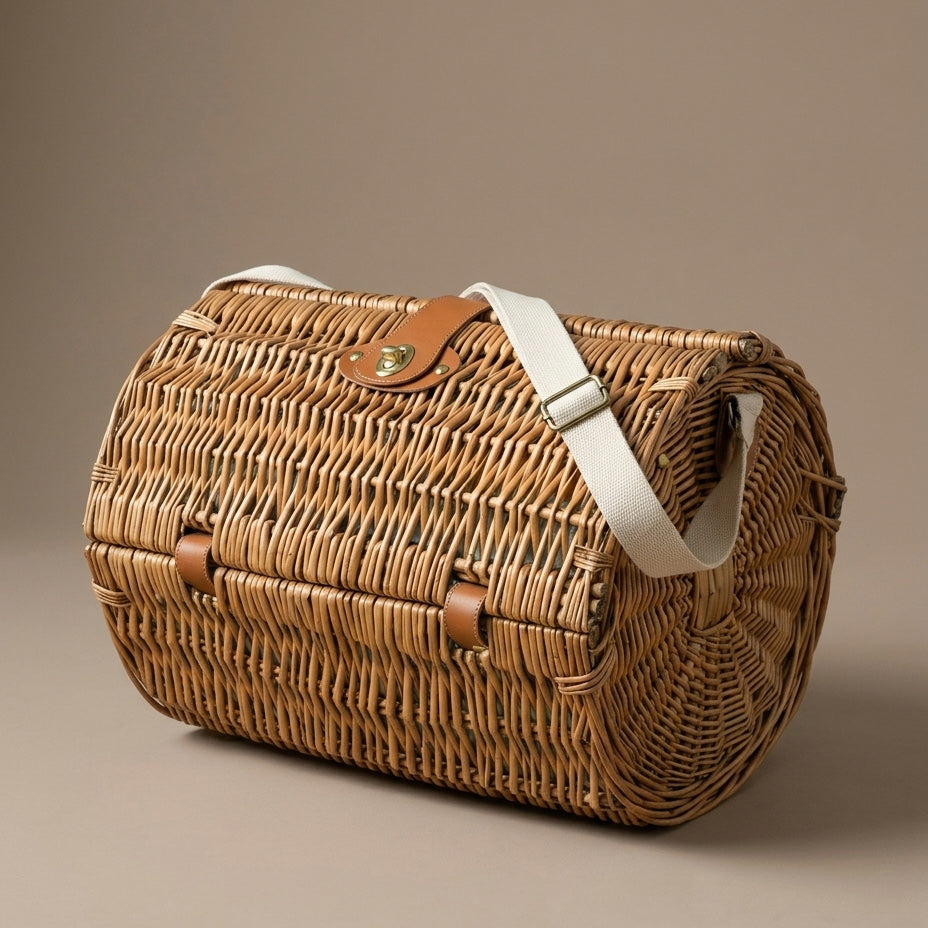 Fortingall cylindrical rattan picnic basket – handwoven natural materials